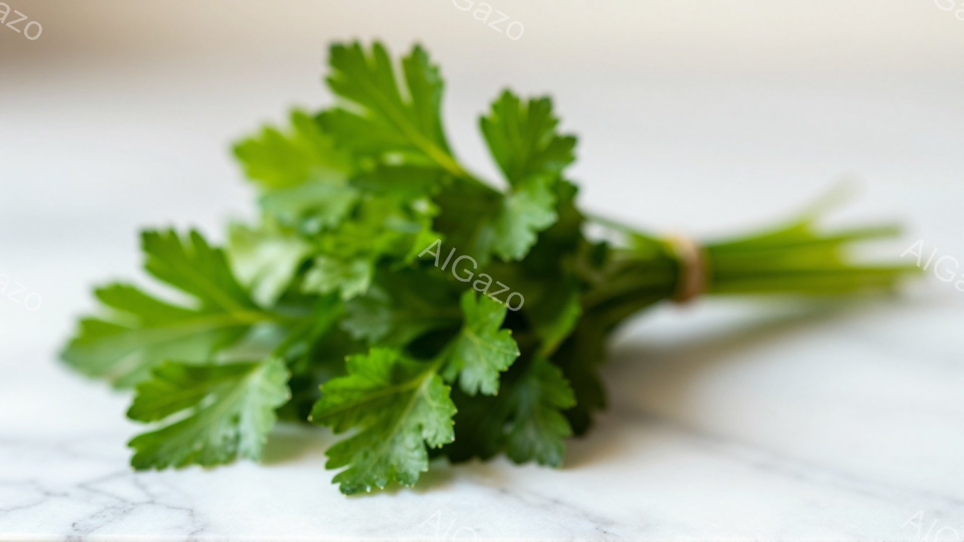 鮮やかな緑色のパセリの束が、白い大理石の台の上に置かれています。葉はカールしていて、茎の部分は紐で軽く縛られています。背景はぼかされており、パセリが際立って見えます。