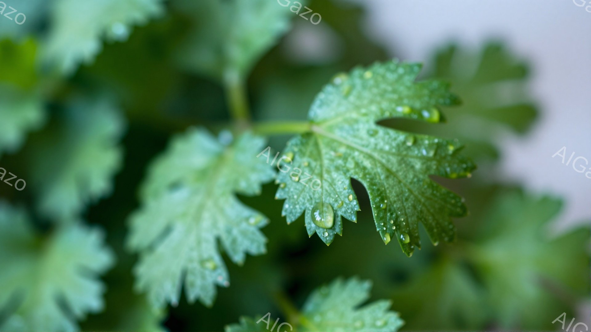 この画像は、朝露に濡れた香菜（パクチー）の葉をクローズアップで捉えたものです。葉脈がはっきりと見え、水滴が葉の表面で輝き、みずみずしさを強調しています。背景は白っぽくぼやけており、葉の鮮やかな緑色が際立っています。