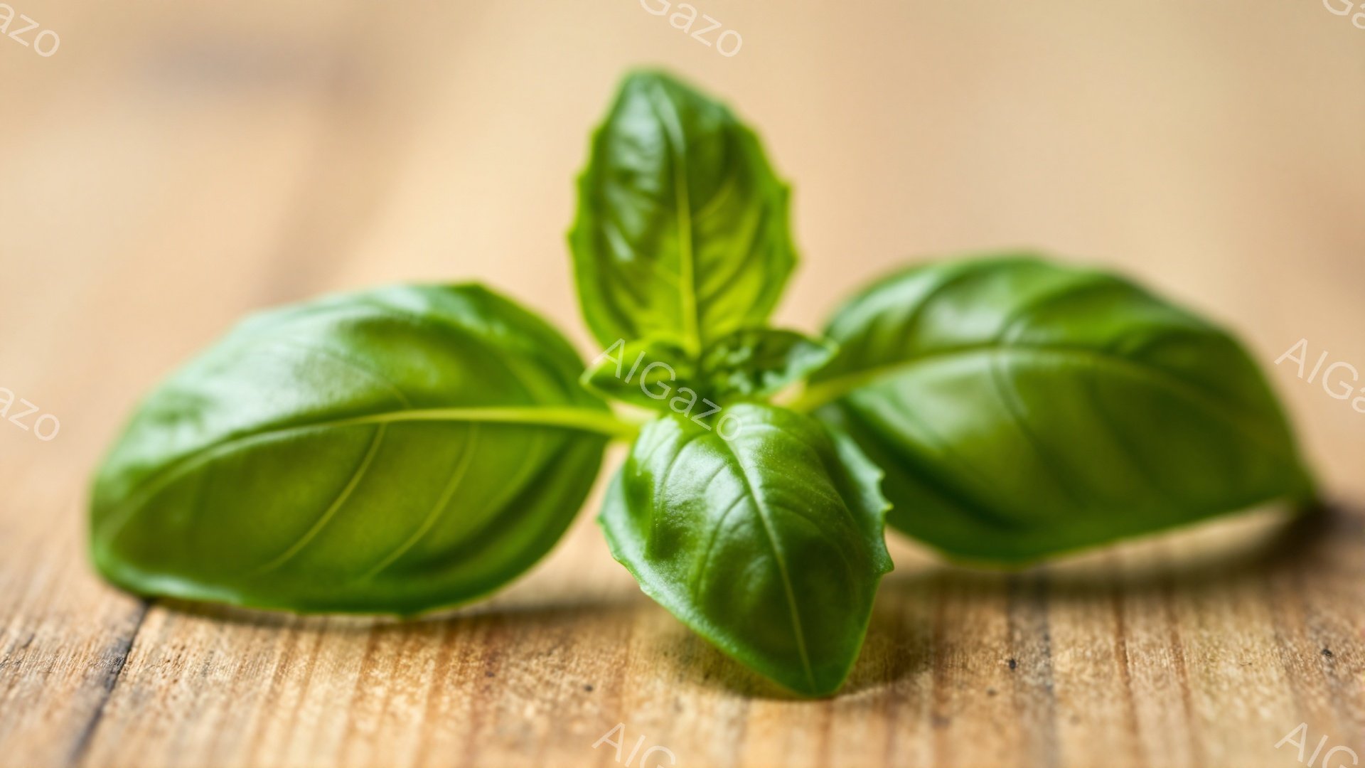 鮮やかな緑色のバジルが、木製の背景の上に置かれています。葉脈がはっきりと見え、瑞々しさを感じさせます。背景の木目は暖かく、バジルの自然な色合いを引き立てています。