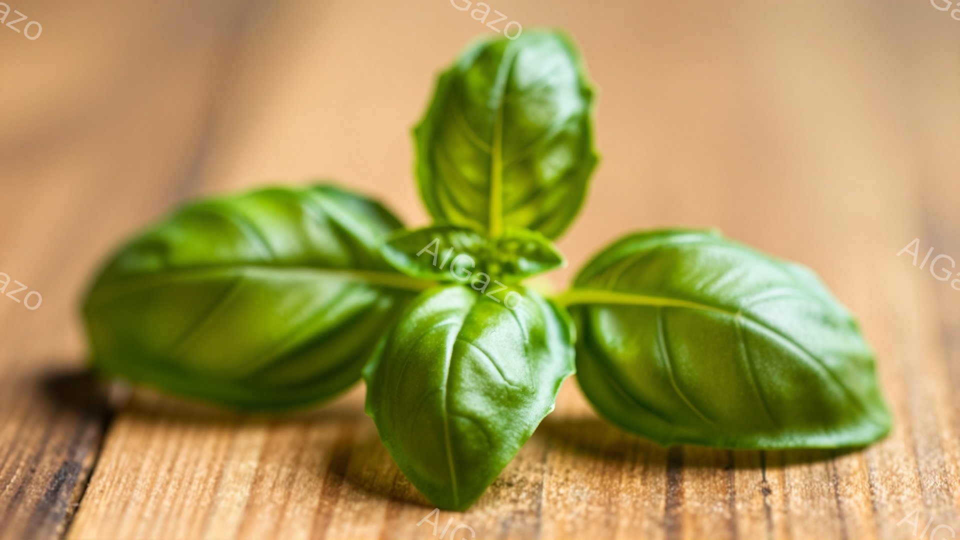 鮮やかな緑色のバジルが、木製のテーブルの上に置かれています。葉はみずみずしく、光沢があり、テクスチャがはっきりと見えます。背景は木の板目調で、バジルの自然な色合いと質感を際立たせています。