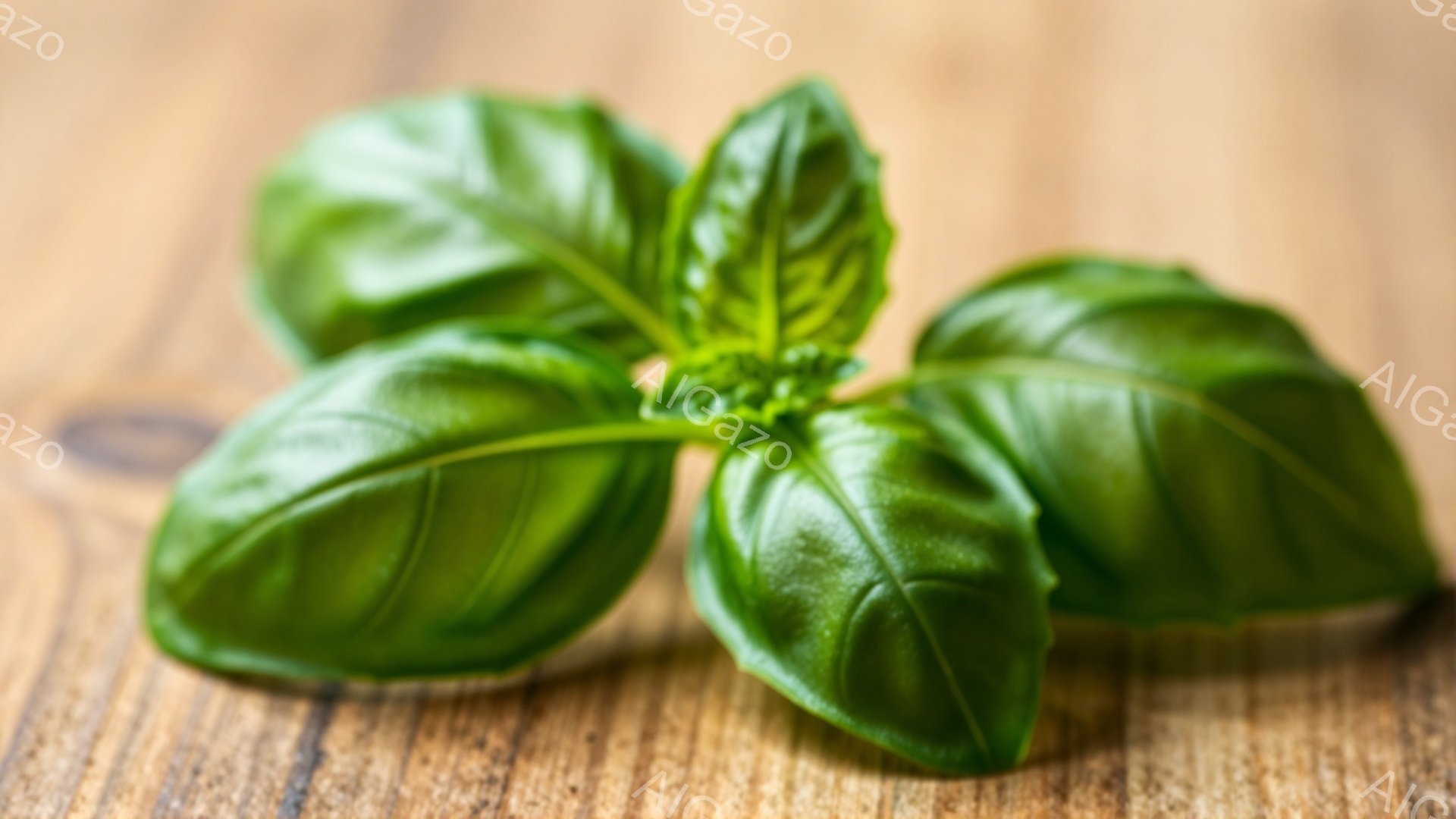 鮮やかな緑色のバジルが、木目の美しい茶色の板の上に置かれています。葉は光沢があり、丸みを帯びた形をしており、生命力に満ち溢れています。背景は木製の質感が強調され、バジルがより一層引き立っています。