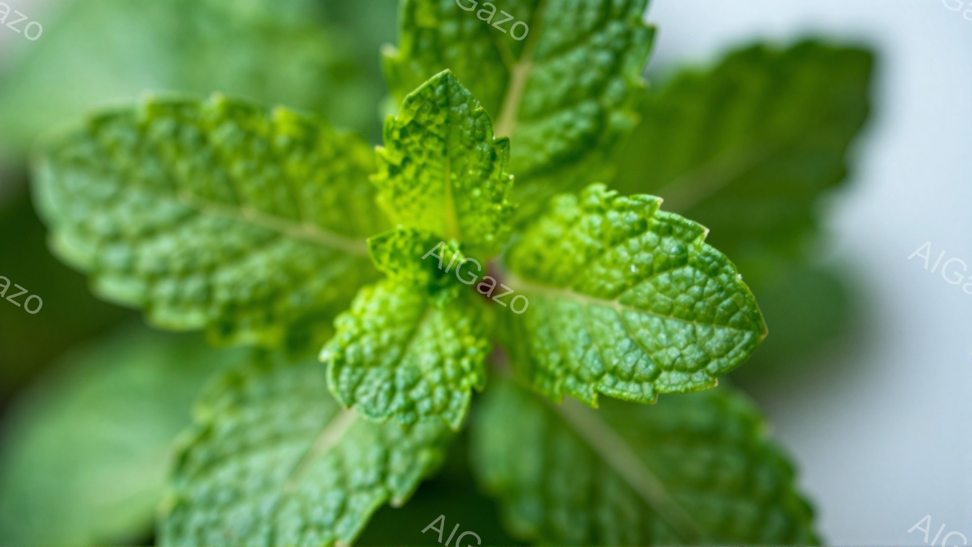 鮮やかな緑色のミントの葉が画面いっぱいに広がっており、葉脈がはっきりと見えるほどクローズアップされている。葉の縁はギザギザとしており、瑞々しい質感と光沢が感じられる。背景は淡い緑色で、葉の鮮やかさを際立たせている。