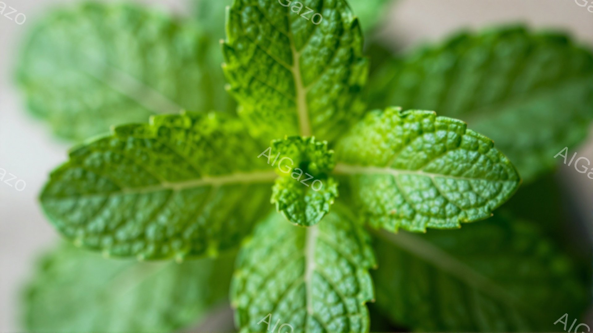 鮮やかな緑色のミントの葉が画面いっぱいに広がっています。葉脈がはっきりと浮かび上がり、葉の表面には細かいシワが見られます。背景はぼやけており、ミントの葉の鮮やかさが際立っています。