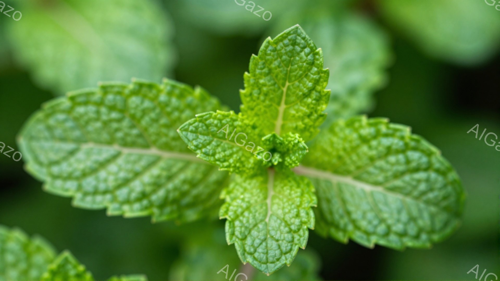 鮮やかな緑色のミントの葉が、焦点となって写っている。葉脈がはっきりと見え、表面には細かい凹凸がある。背景は同系の緑色で、他の葉がぼやけて写っており、全体的に爽やかで自然な雰囲気を醸し出している。