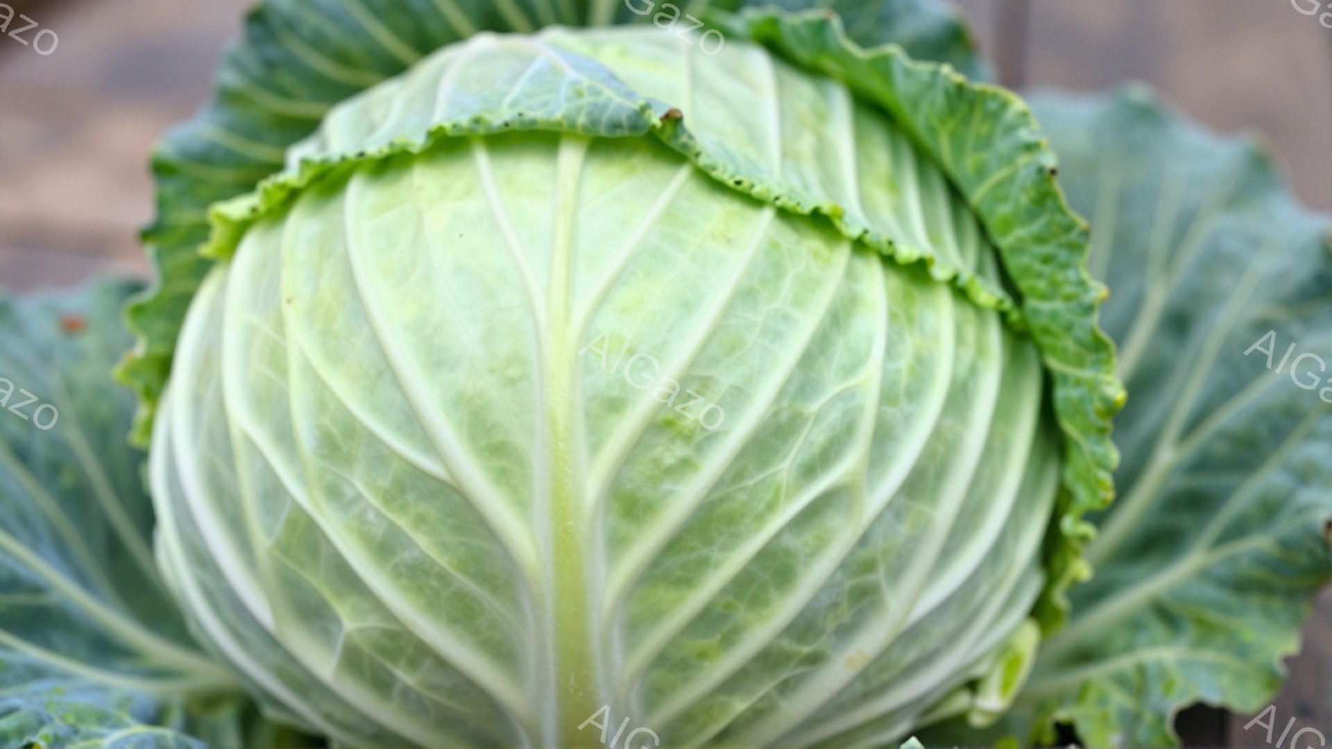 鮮やかな緑色のキャベツが画面いっぱいに広がっています。葉脈がはっきりと浮かび上がり、葉の縁は波打ち、生き生きとした質感が伝わってきます。背景はぼやけた茶色の木材で、自然な光の中でキャベツの鮮やかさが際立っています。