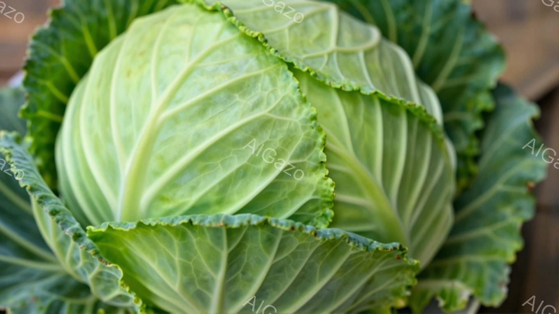 この画像は、緑色のキャベツのクローズアップです。葉は渦巻き状に重なり合い、葉脈がはっきりと見えます。背景はぼやけており、キャベツの鮮やかな緑色が際立っています。