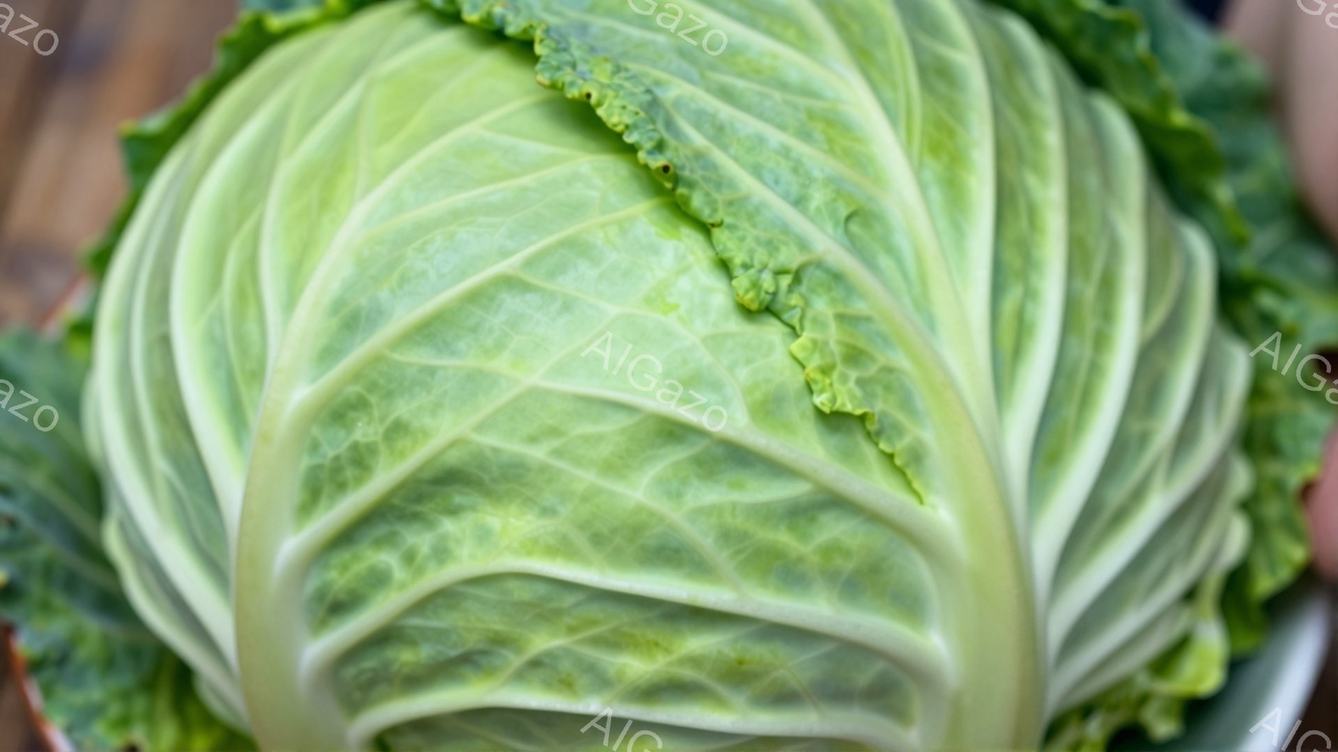 大きく、みずみずしいキャベツが画面いっぱいに広がっている。葉脈がはっきりと浮かび上がり、緑と白のコントラストが美しい。キャベツの葉は重なり合い、自然な曲線を描き、新鮮さと生命力を感じさせる。