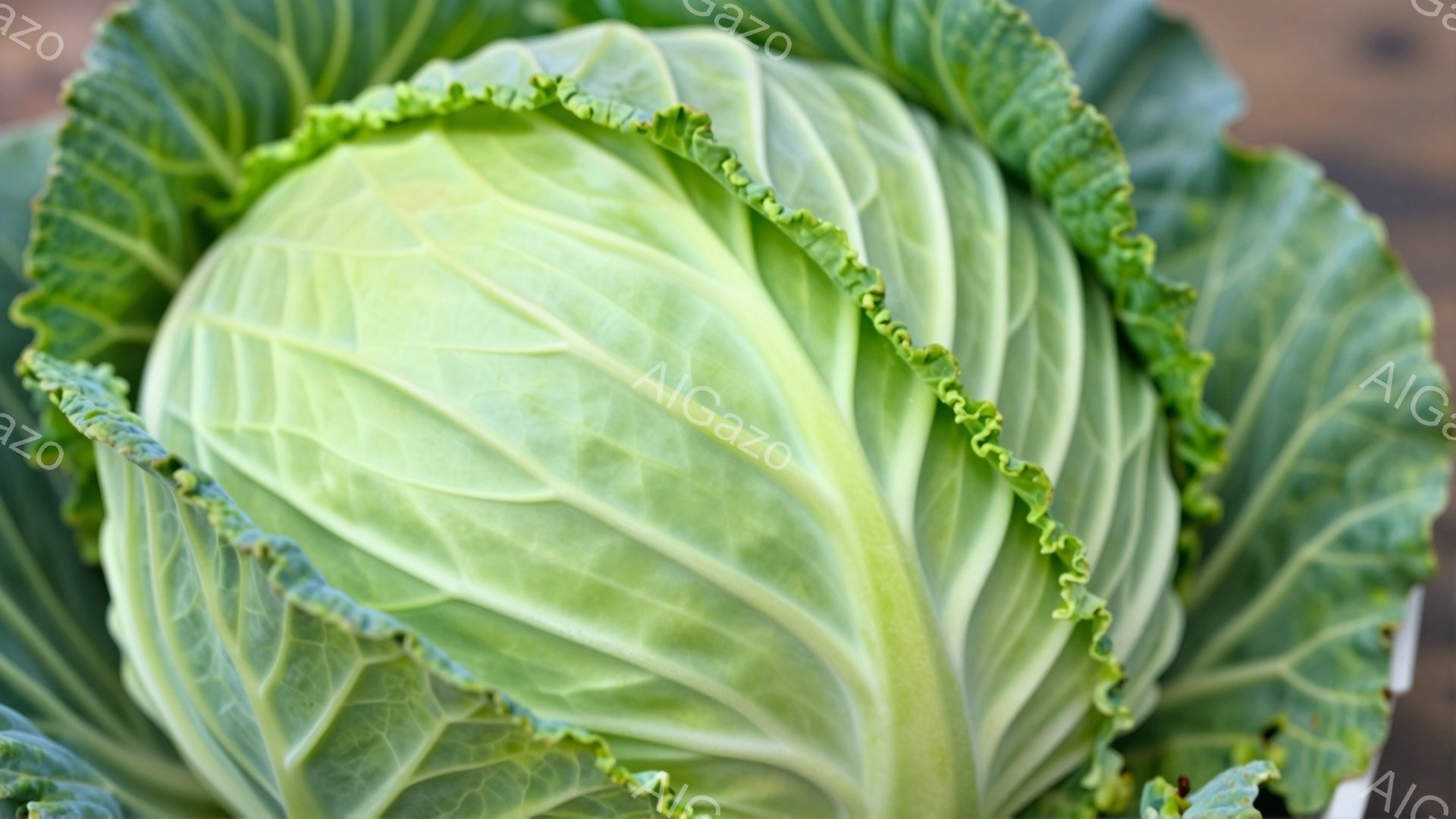 大きく緑色のキャベツが写っており、葉脈がはっきりと確認できます。葉の縁はカールしており、新鮮でみずみずしい様子が伝わってきます。背景はぼやけていますが、植物や土のような自然の要素が見て取れます。