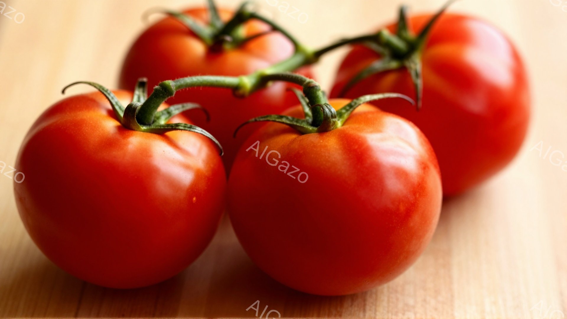 鮮やかな赤色のトマトが四つ、木製の台の上に並んでいます。トマトはつややかで瑞々しく、茎の部分が少し緑色を帯びています。背景は明るい木目で、全体的にシンプルで自然な雰囲気が漂っています。