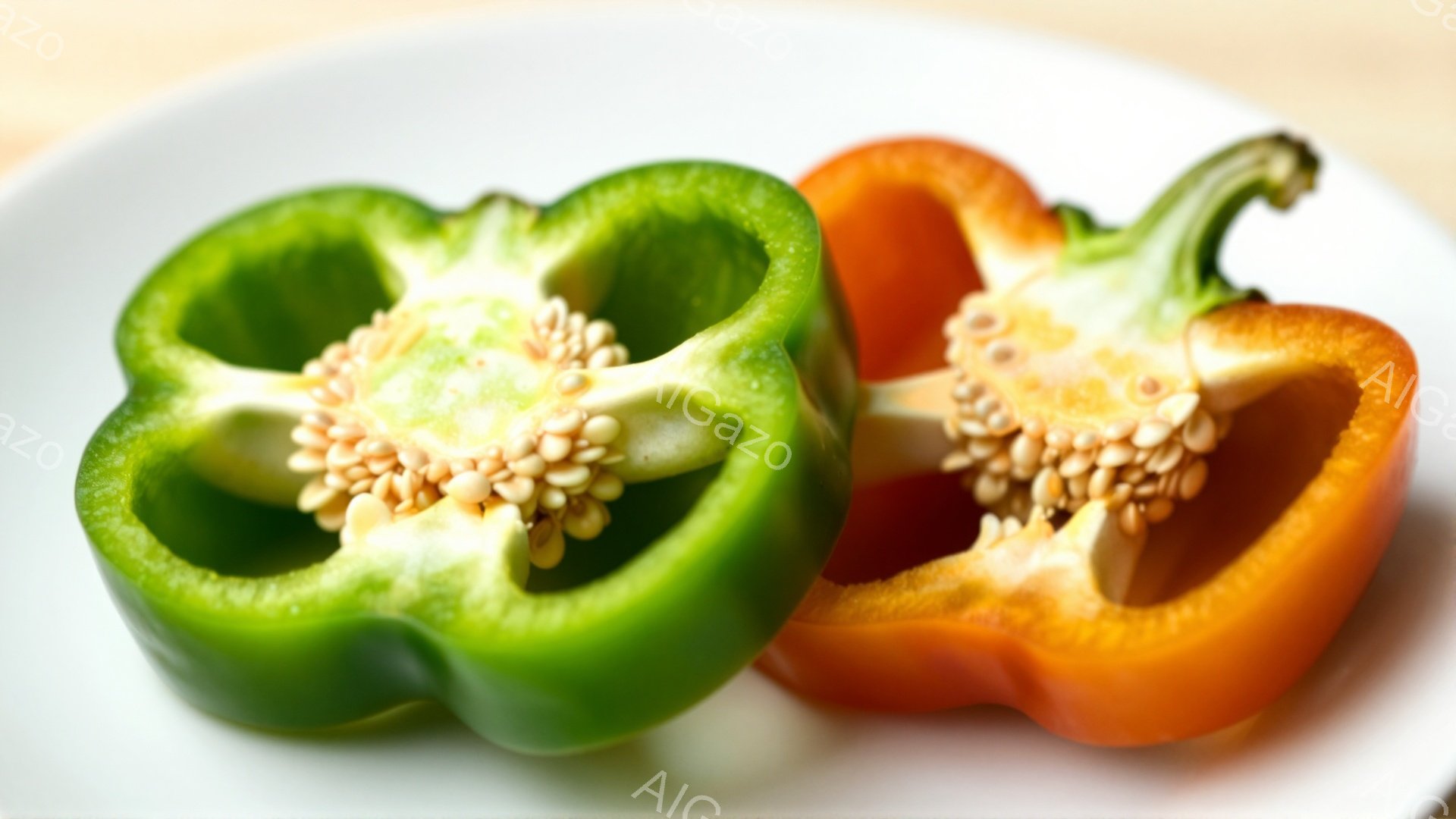 鮮やかな緑とオレンジ色のパプリカが半分に切られて並べられています。内部の白い膜と小さな種がはっきりと見え、新鮮で瑞々しい様子が伝わってきます。背景は白く、パプリカの色を引き立てています。