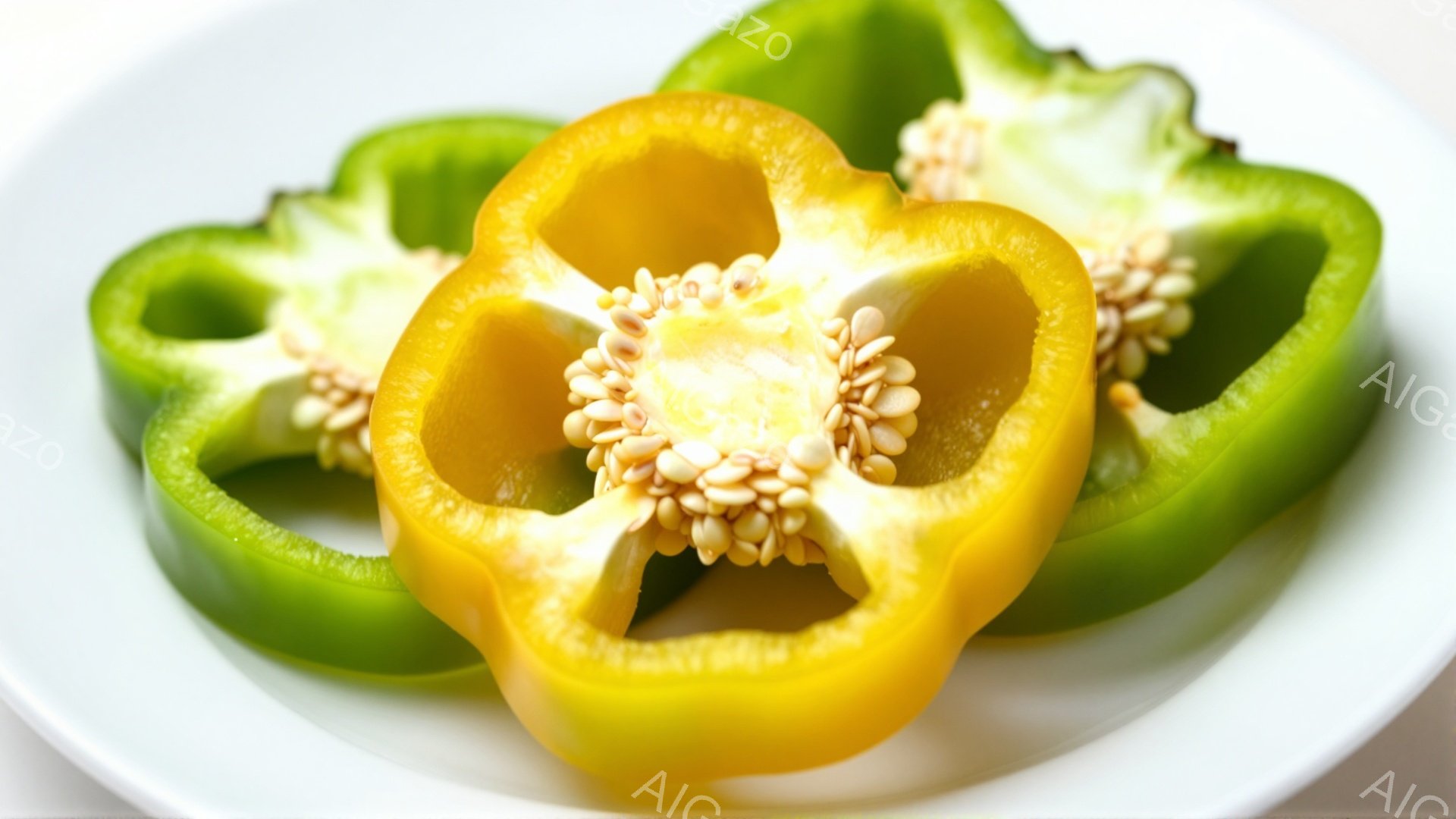 白い皿の上に、緑と黄色のパプリカのスライスが並べられています。パプリカは半分に切られており、種が中央に集まっており、鮮やかな色が食欲をそそります。背景は白く、パプリカの鮮やかさを際立たせています。