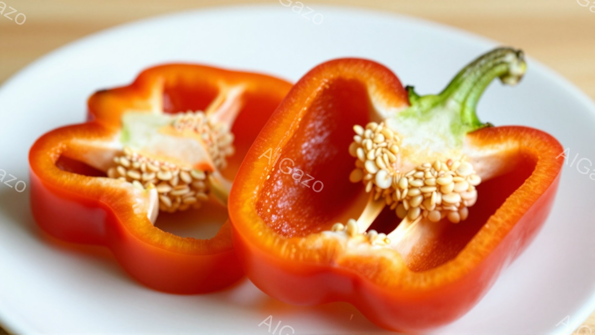 白い皿の上に、半分に切られた赤ピーマンが2つ並んでいます。ピーマンの内部は種でいっぱいで、鮮やかな赤色が食欲をそそります。背景はぼやけていますが、明るい光の中で撮影されたシンプルな料理写真のようです。