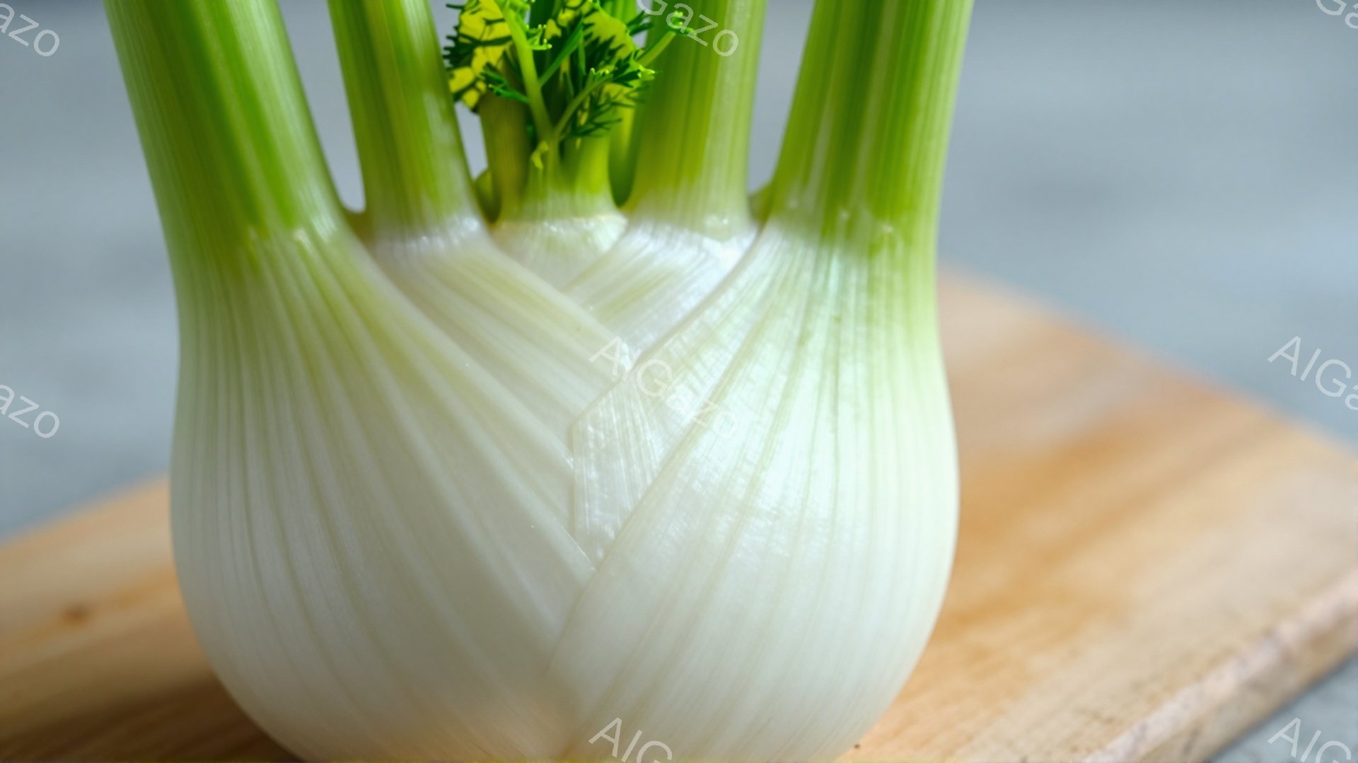 白いフェンネルの球根が木製のまな板の上に置かれています。光沢のある表面には、葉脈のような繊細な溝が走り、緑色の葉がその上から生えています。背景はぼやけており、フェンネルが焦点の中心となっています。