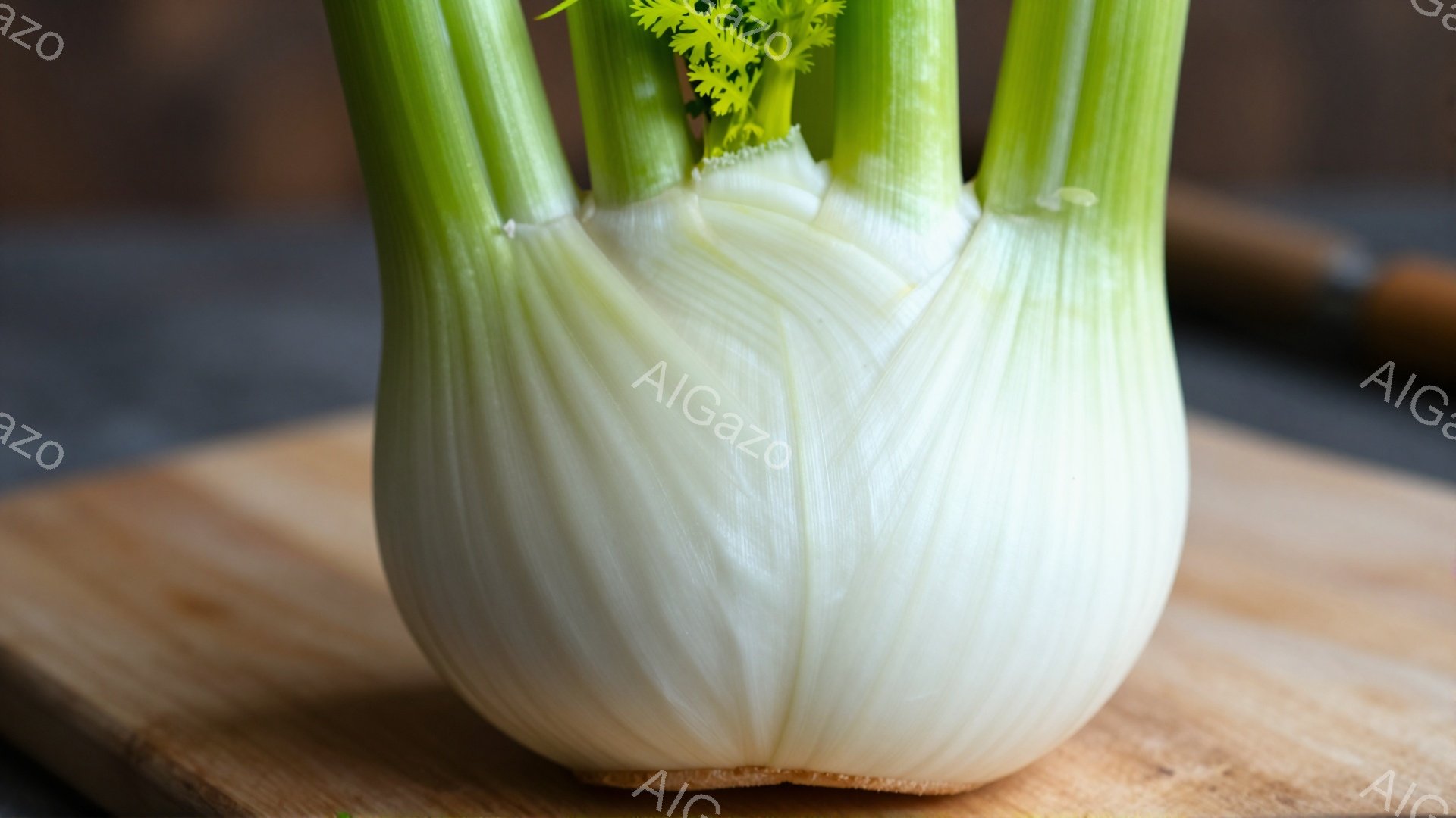 この画像は、木製のまな板の上に置かれたフェンネルの球根をクローズアップで捉えています。球根は白く、縦方向にわずかに緑がかった筋が入り、その上には緑色の葉が伸びています。背景はぼかされており、木製の質感 - AI生成フリー素材