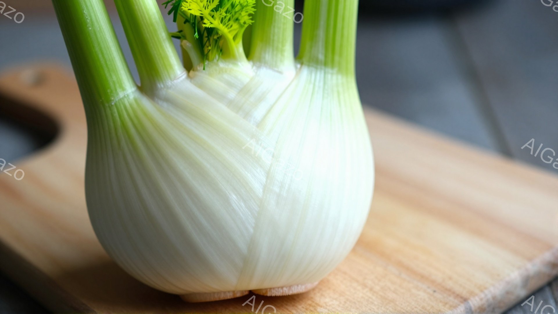 画像は、木製のまな板の上に置かれたフェンネルの球根のクローズアップです。白く緑がかった球根は独特の層状の模様を持ち、緑色の茎が上部から伸びています。背景はぼやけており、温かみのある家庭的な雰囲気を醸し - AI生成フリー素材