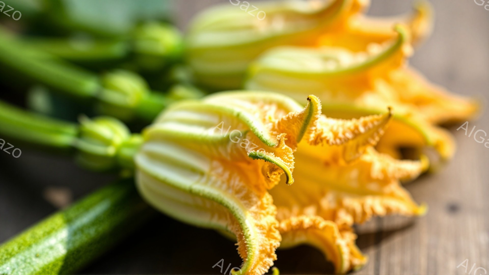 鮮やかな黄色のカボチャの花が、木製のテーブルの上に置かれています。花びらは繊細で、オレンジ色の縁取りが特徴的です。背景は柔らかい光に包まれ、花と木材の質感が際立っています。