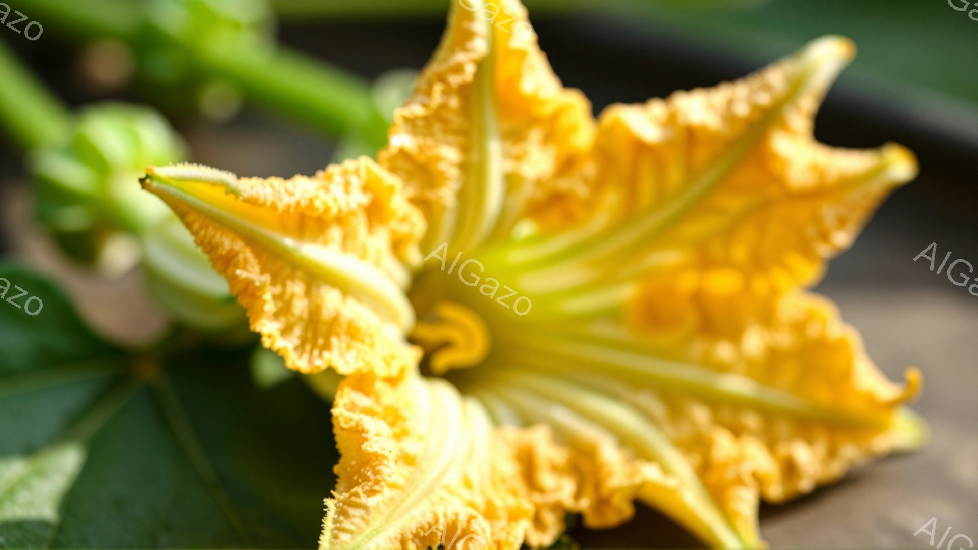 明るい黄色のカボチャの花が鮮やかに咲き誇っている。花びらは波打ち、繊細な質感が強調され、中央には濃い黄色の花粉が密集している。背景には緑色の葉がぼやけており、植物が生い茂る庭や畑のような自然環境を示唆している。