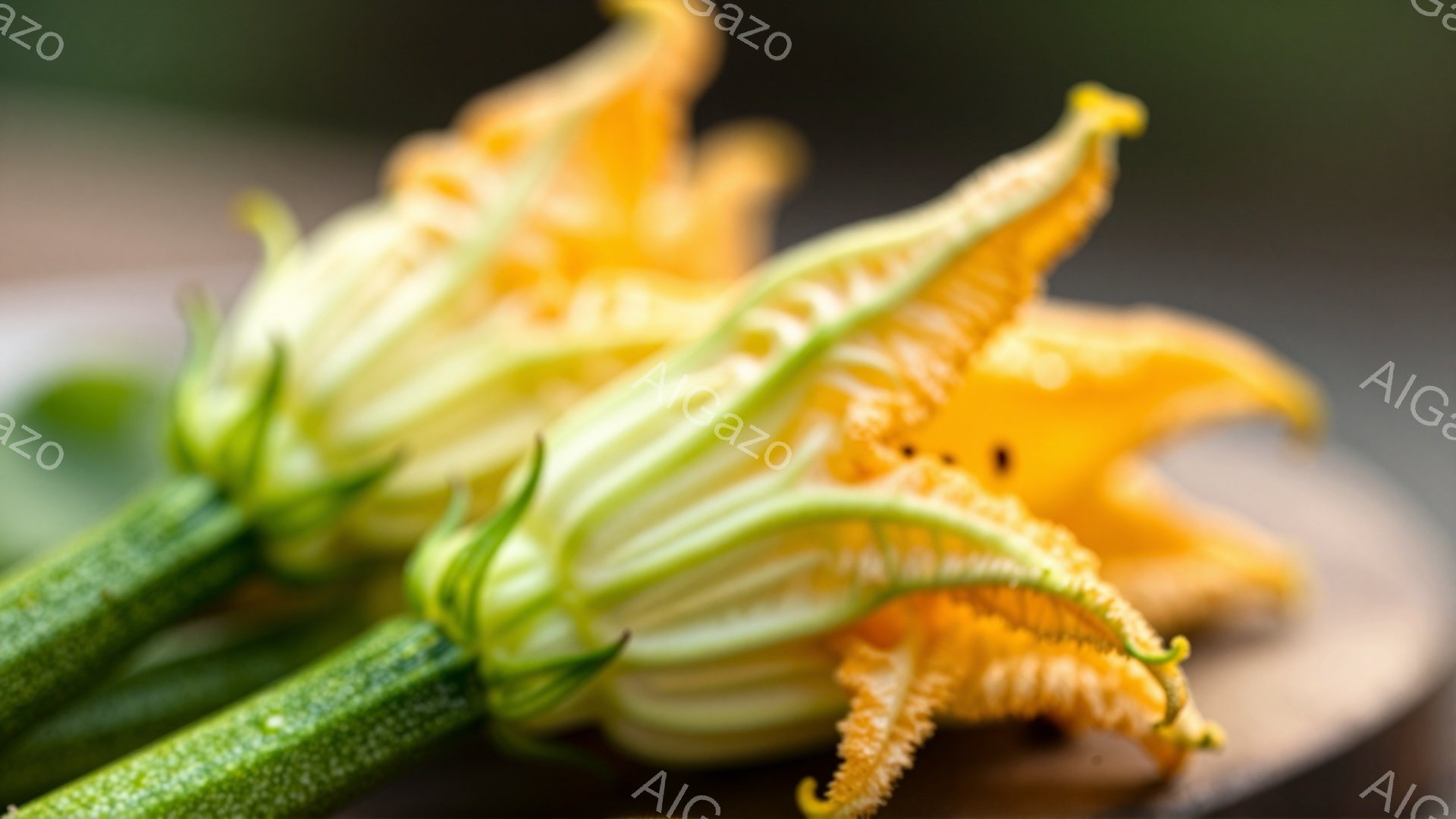 鮮やかなオレンジ色のカボチャの花が、緑色の茎とともに、木製の皿の上に置かれています。花びらは少しカールしており、内側が覗き見える構造が美しいです。背景はぼかされており、温かみのある自然光が差し込み、静かで穏やかな雰囲気を醸し出しています。