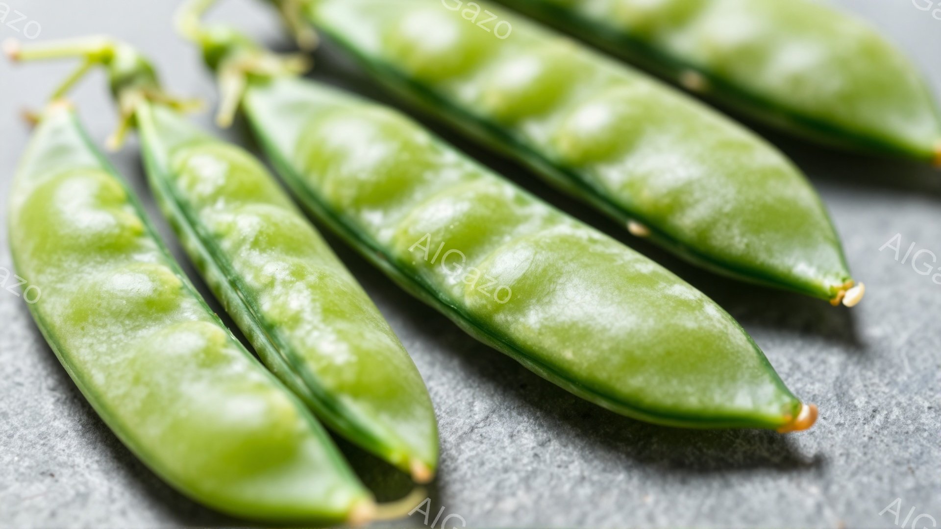 画像には、緑色のさや豆が、薄いグレーの表面の上に並べられています。豆は、ふっくらとしていて、表面にはわずかな隆起が見られます。全体的に、新鮮で自然な雰囲気です。
