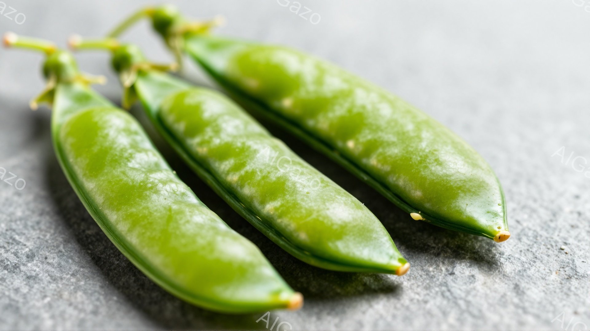 画像には、３つの若いエンドウ豆が石のスレートのような表面に並んで写っています。豆は鮮やかな緑色で、表面にわずかな隆起があり、成長の過程を示しています。背景は均一な灰色で、豆の色を際立たせており、シンプルで清潔な印象を与えます。