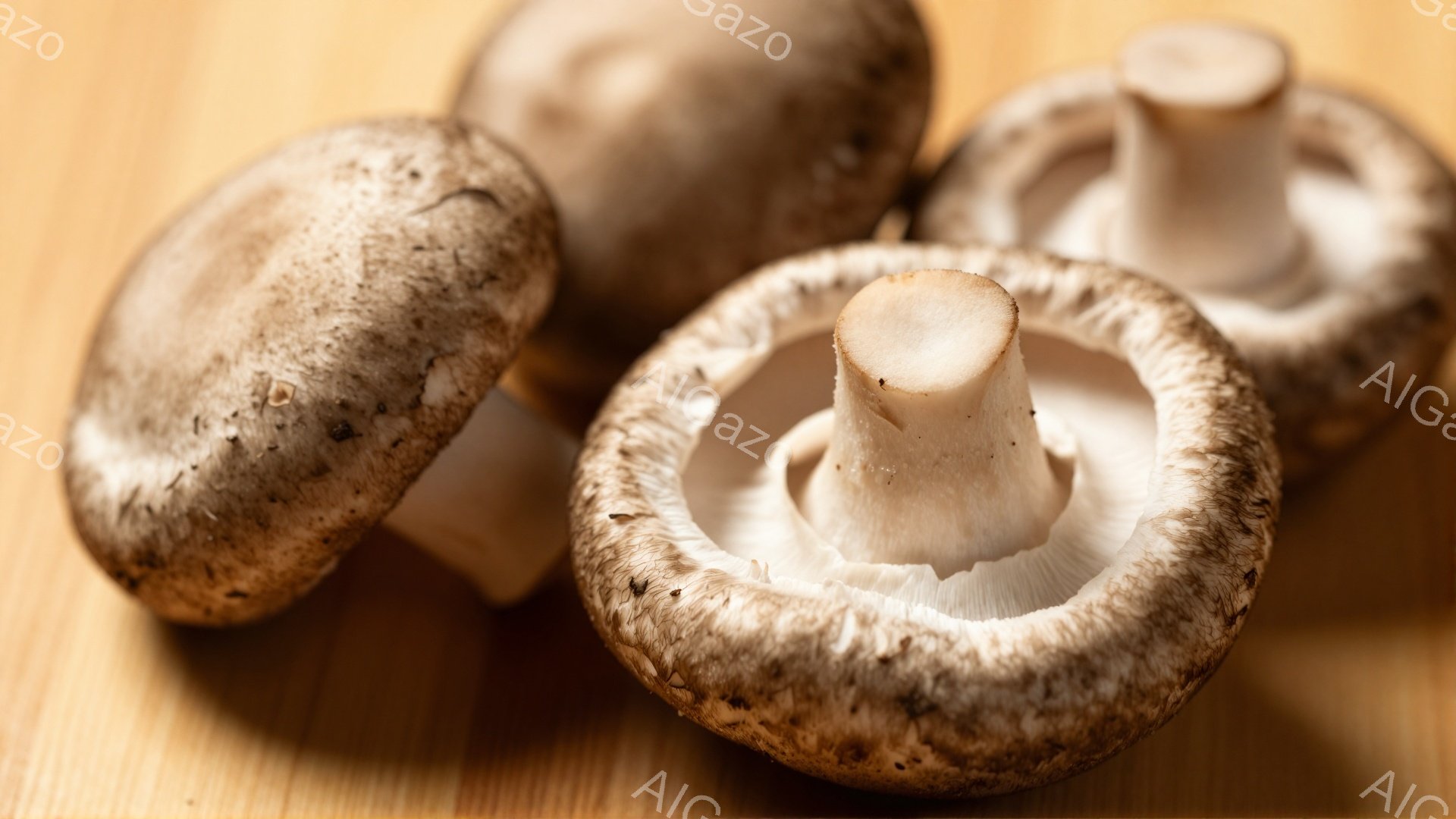 画像には、茶色いキノコがいくつか写っています。一部は丸ごとで、一部は半分にカットされており、内部の構造がよくわかります。背景は木製の表面で、全体的に落ち着いた、自然な雰囲気を醸し出しています。