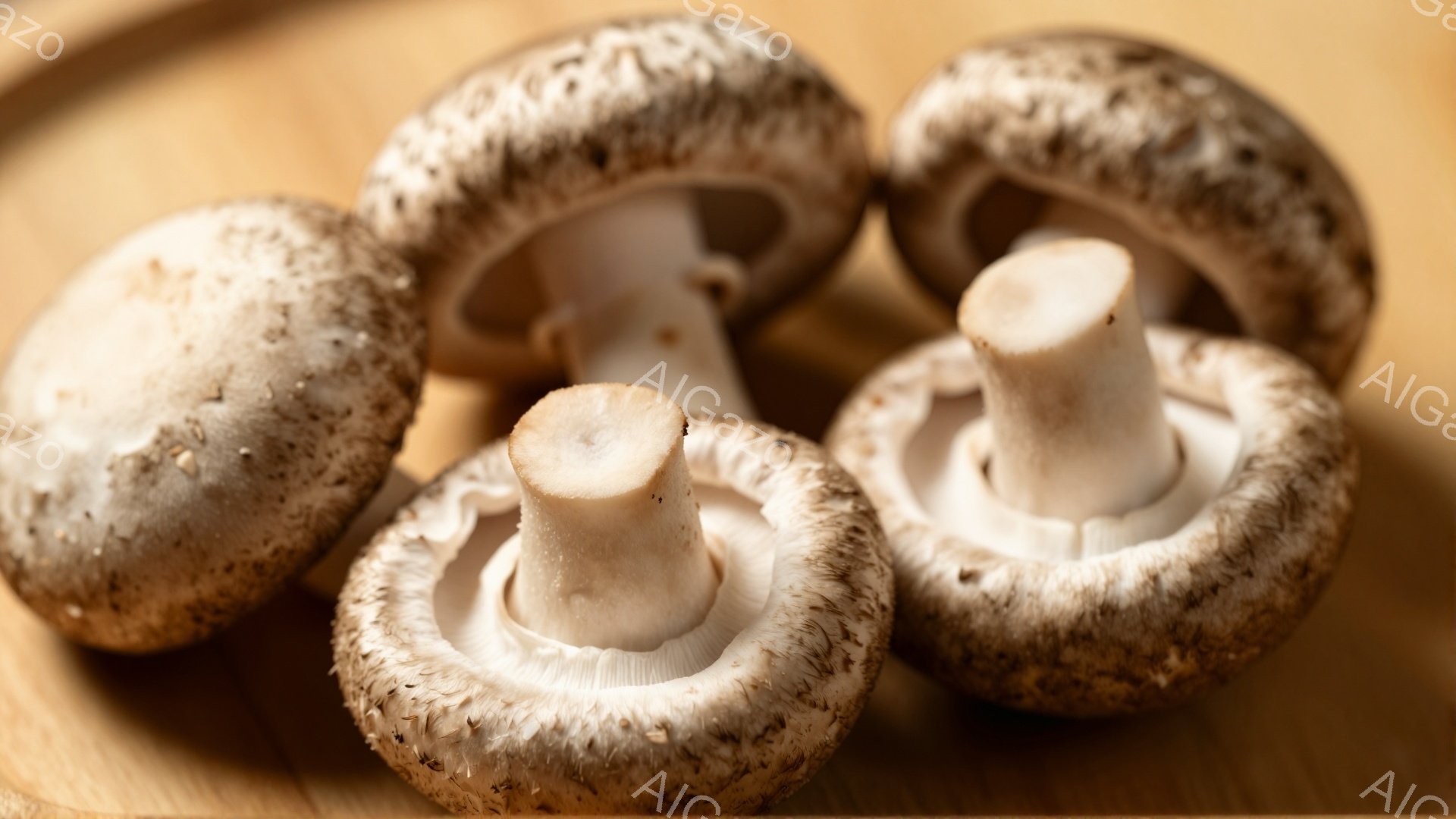 画像には、茶色い木製のプレートの上に置かれた、数個の切り口が見えるマッシュルームが写っています。マッシュルームはキャップが茶色で、茎が白く、新鮮で美味しそうに見えます。背景はぼやけていますが、暖色系の木材の質感が見て取れ、全体的に落ち着いた雰囲気が漂います。