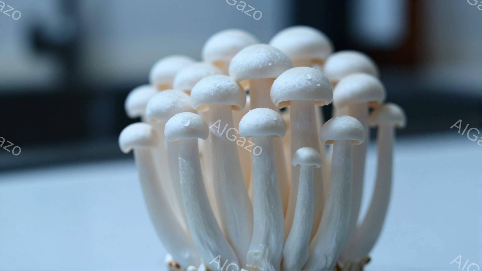 白いエリンギのきのこが密集して写っており、新鮮でみずみずしい様子が伝わってきます。背景はぼかされており、白いテーブルのようなものがわずかに見えます。全体的にクリーンでシンプルな印象を与え、食材としての美しさを際立たせています。