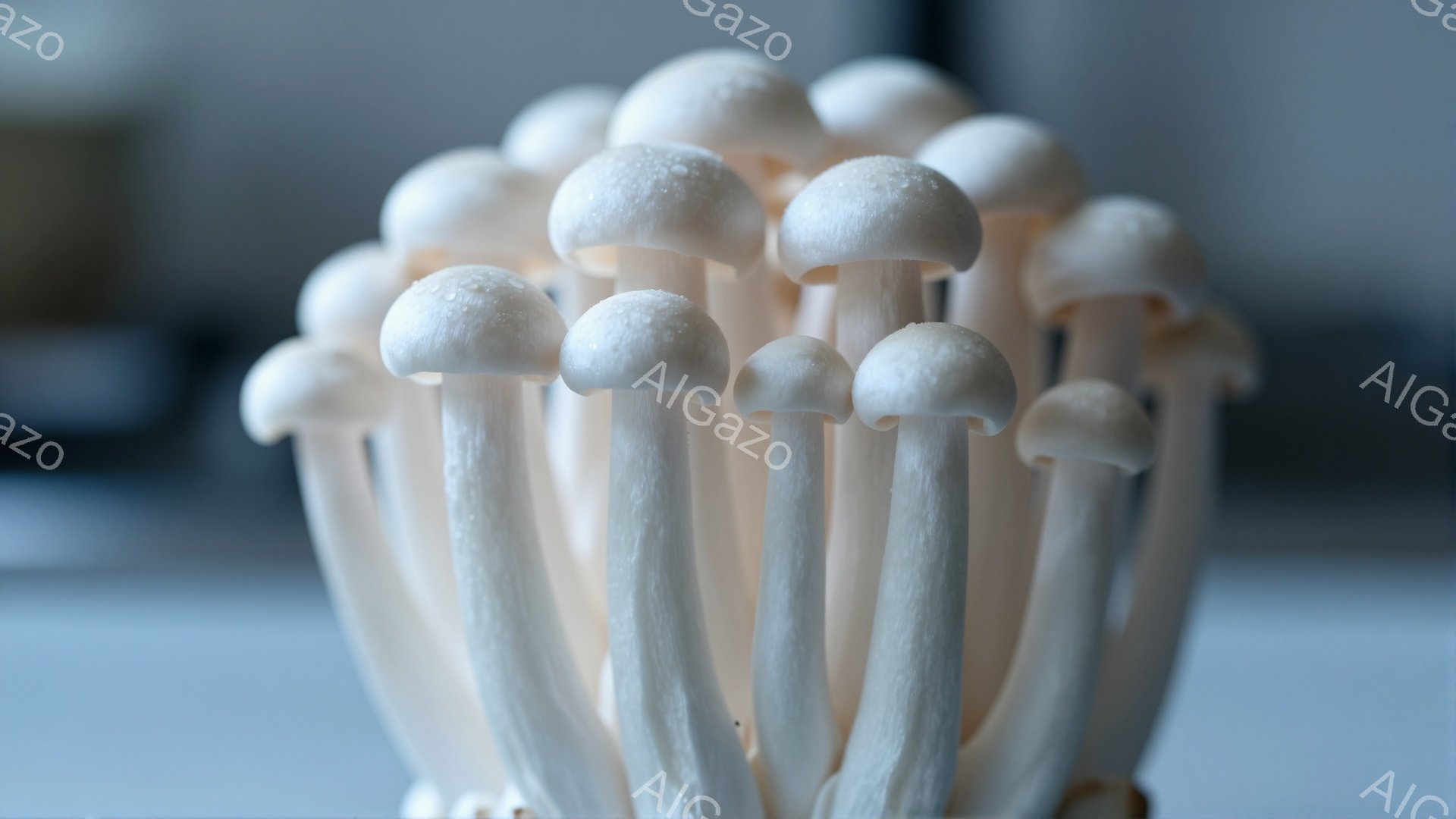 白くて細長いキクラゲが密集して写っている。キクラゲは滑らかで光沢があり、茎が長く、傘の部分は小さく丸い。背景はぼやけており、光が柔らかく当たることで、キクラゲの質感が際立っている。