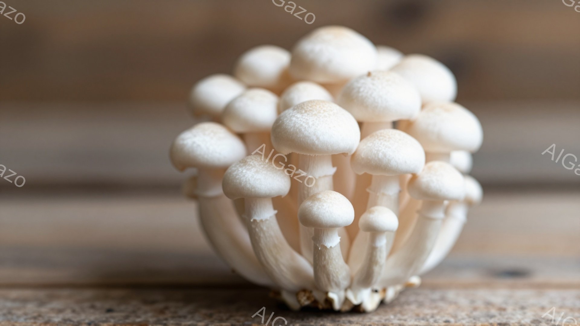 白いきのこの密集した塊が、木製の表面に置かれています。それぞれのきのこは、丸い傘と細長い茎を持ち、様々な大きさで密集しています。背景はぼやけており、暖色系の木材の質感が見られます。