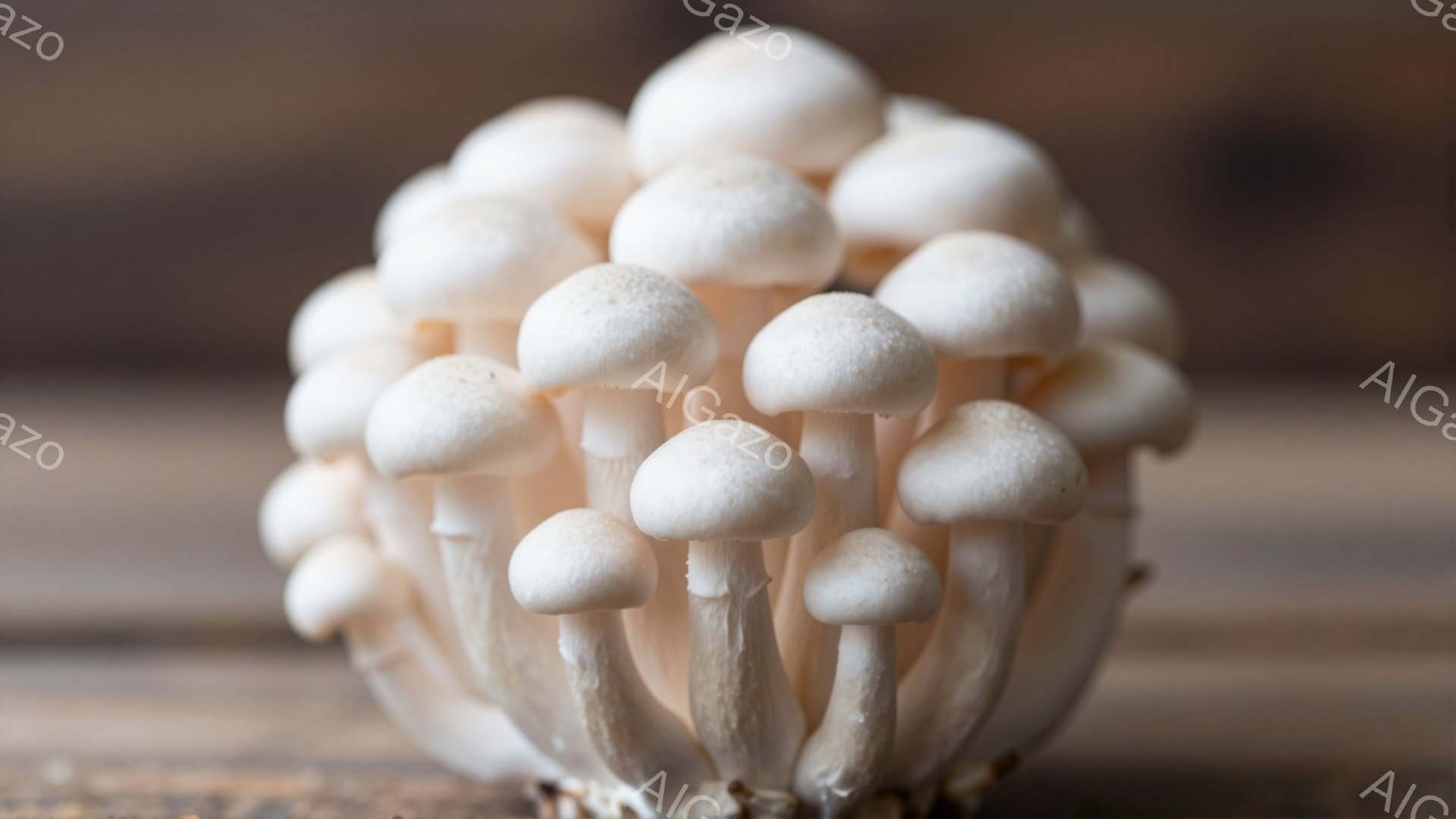 画像には、密集した白いきのこが写っている。きのこは丸みを帯びた白い傘を持ち、細い茎が密集して土から生えているように見える。背景は木目調の茶色で、全体的に落ち着いた雰囲気を醸し出している。