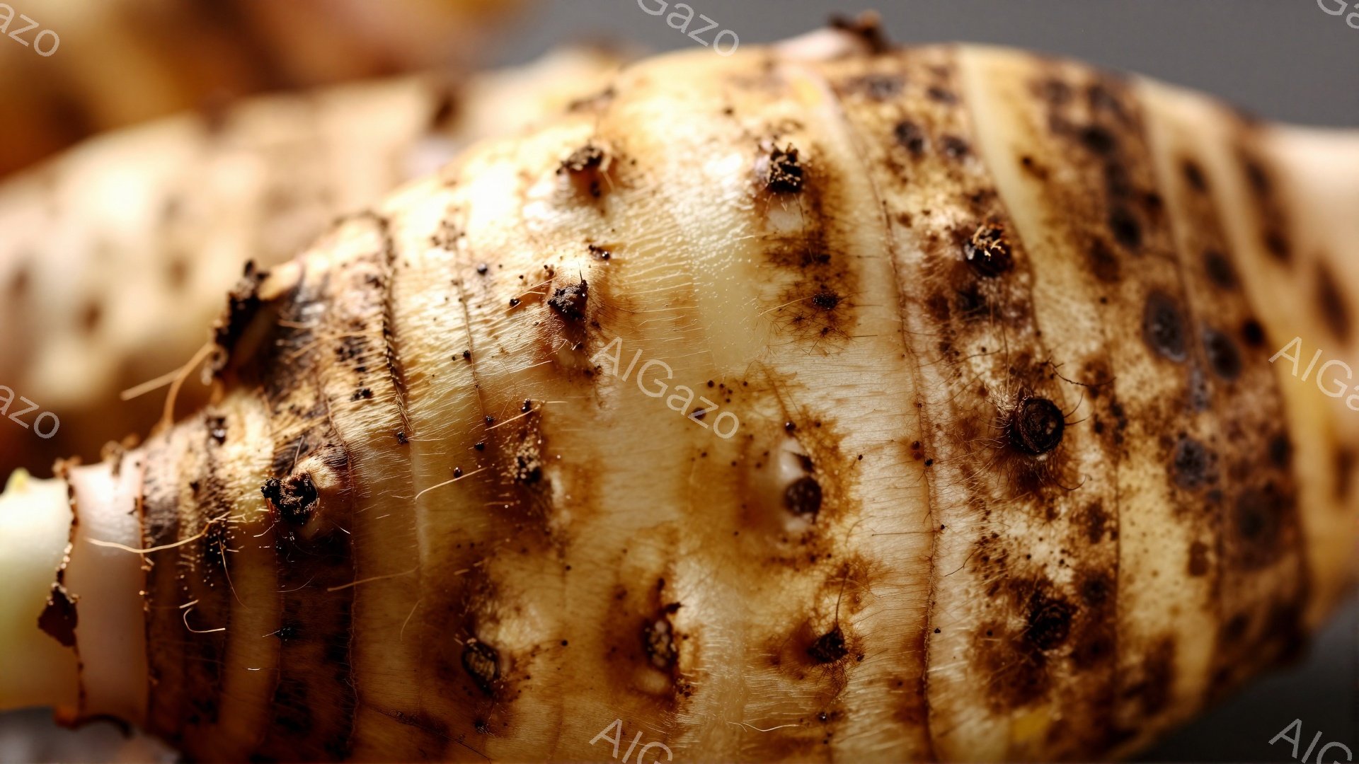 根茎植物のクローズアップ写真で、表面には細かい傷や小さな窪みが点在している。色はクリーム色から薄茶色で、土が付着している箇所も見られる。根の繊維が細く伸びており、自然の質感が強調されている。