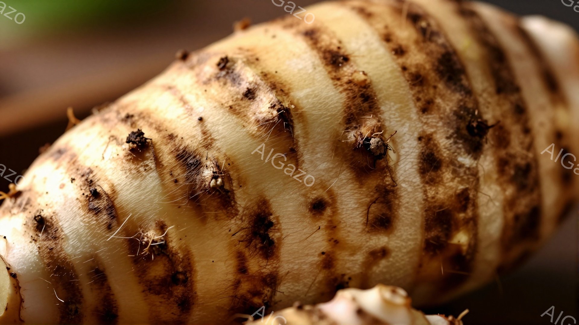 粗い質感の根茎が画面を占めており、土が付着した凹凸のある表面が特徴的です。茶色とクリーム色の微妙なグラデーションが、土の温かみを感じさせます。背景はぼやけており、根茎の自然な質感を強調しています。