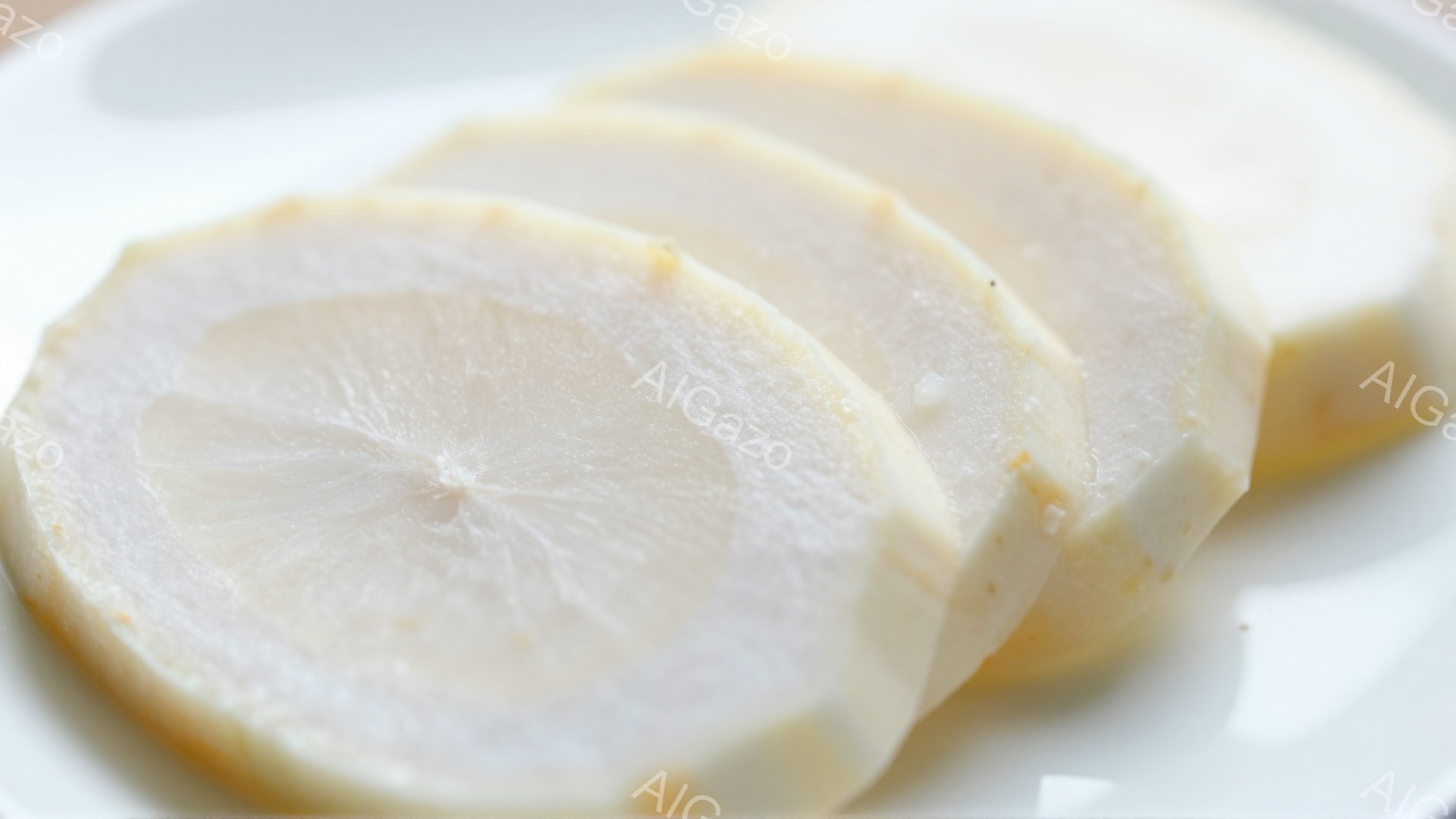 白い皿の上に、薄くスライスされた大根が並んでいます。大根は半透明で、中央に小さな芯が見えます。背景はぼかされており、シンプルな料理のプレゼンテーションに集中しています。