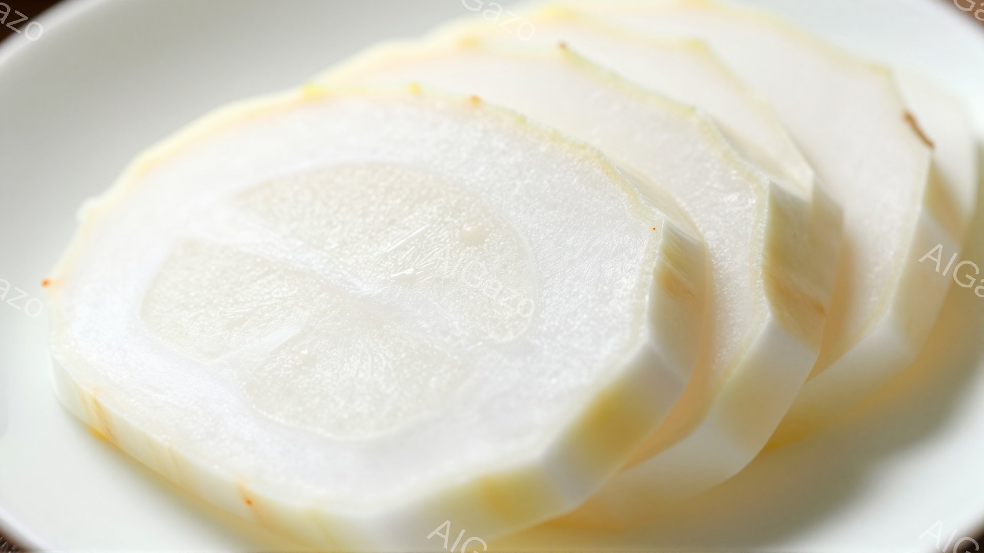 白い皿の上に薄切りにされた大根が重ねられています。大根は半透明で、表面にわずかな水分が見られ、新鮮さを感じさせます。背景はぼやけており、大根の白さが際立っています。