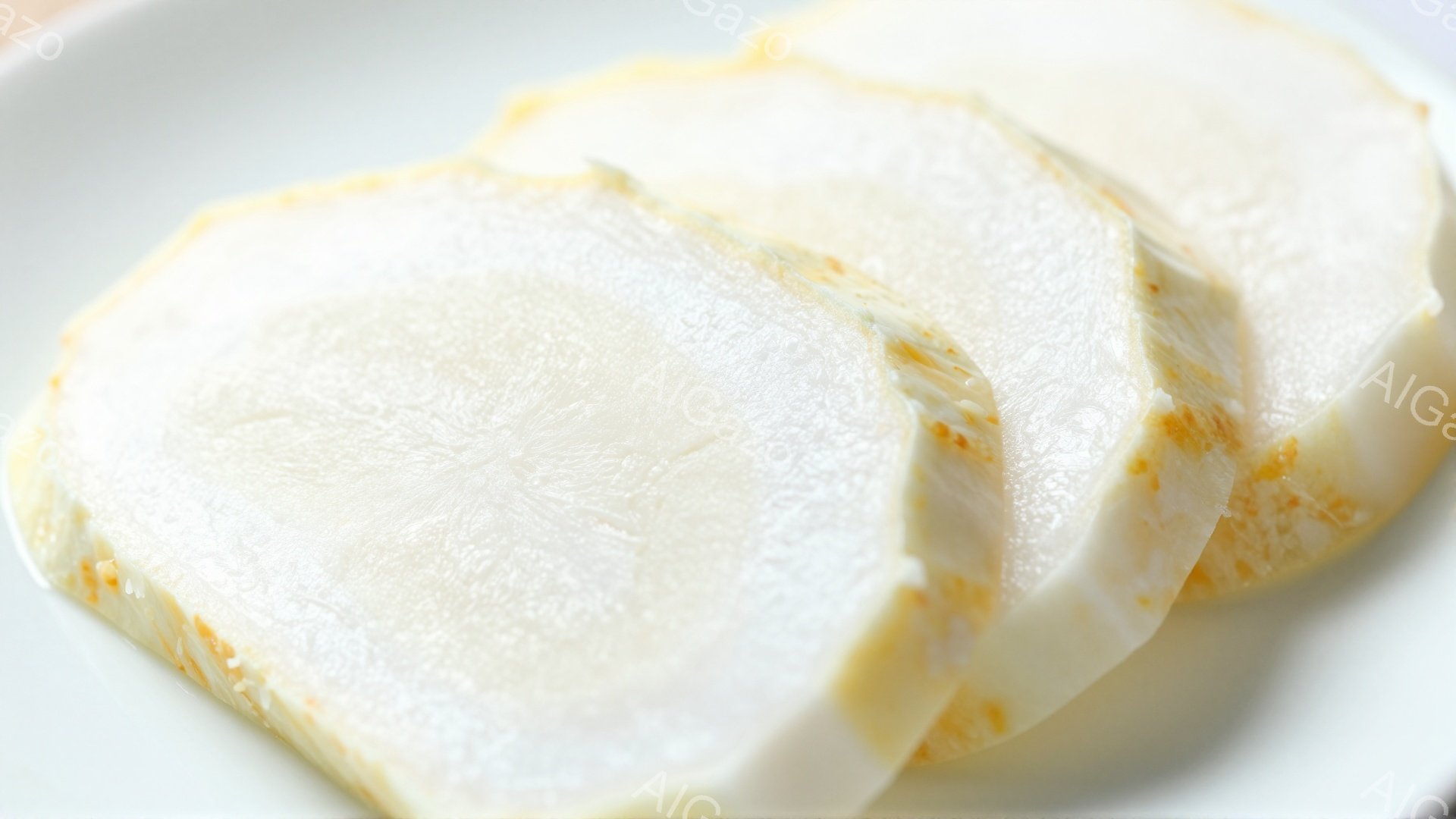 白い皿の上に、薄く切られた鶏むね肉が並べられています。肉の断面は白く、わずかにオレンジ色の筋が見え、新鮮さを感じさせます。背景はぼやけており、料理に焦点が当てられています。