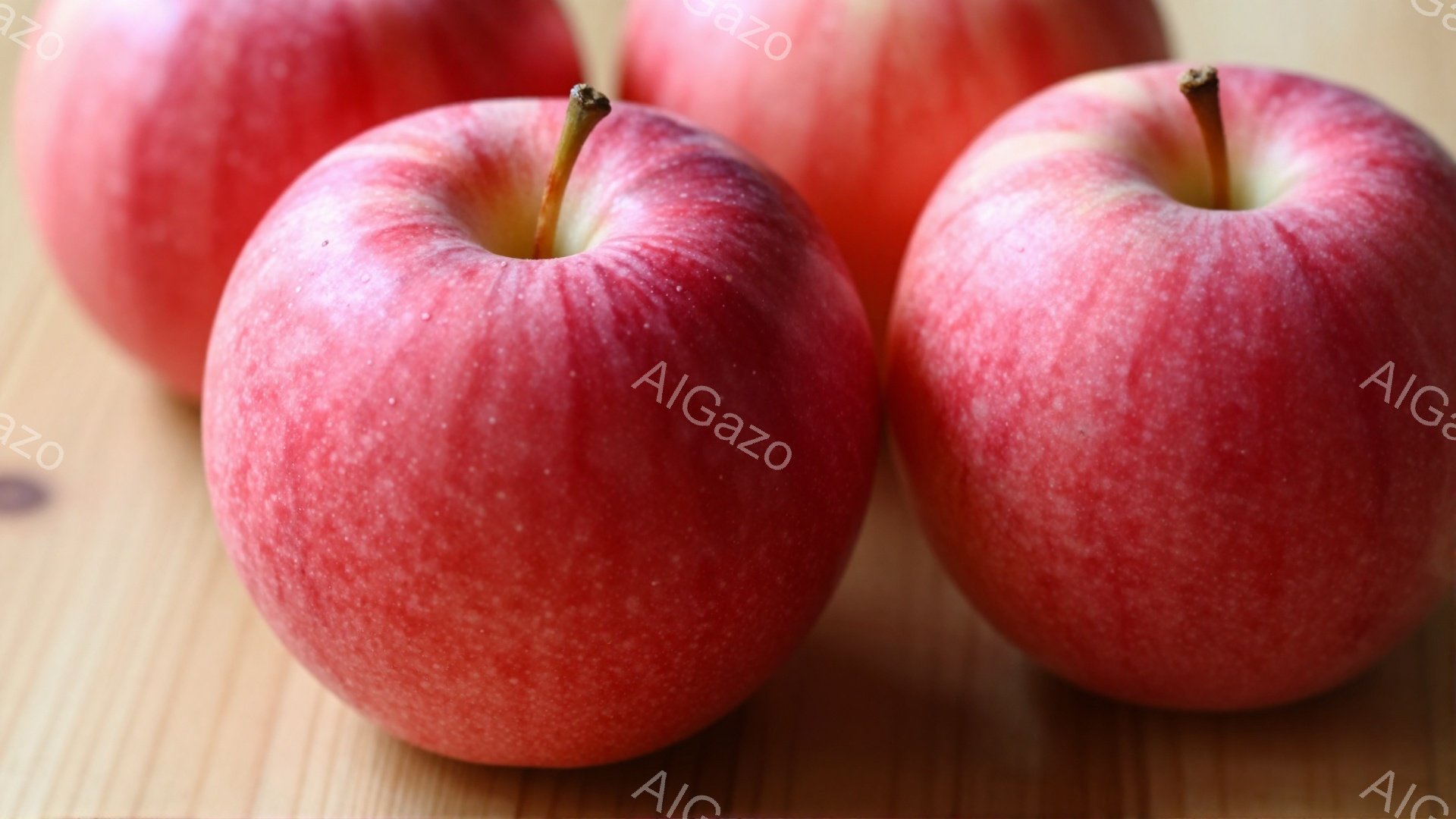 画像には、木製のテーブルの上に置かれた3つの赤いリンゴが写っています。リンゴは鮮やかな赤色で、表面には小さな斑点が見られ、新鮮さを感じさせます。背景は木目が見えるシンプルなテーブルで、リンゴが引き立つ - AI生成フリー素材