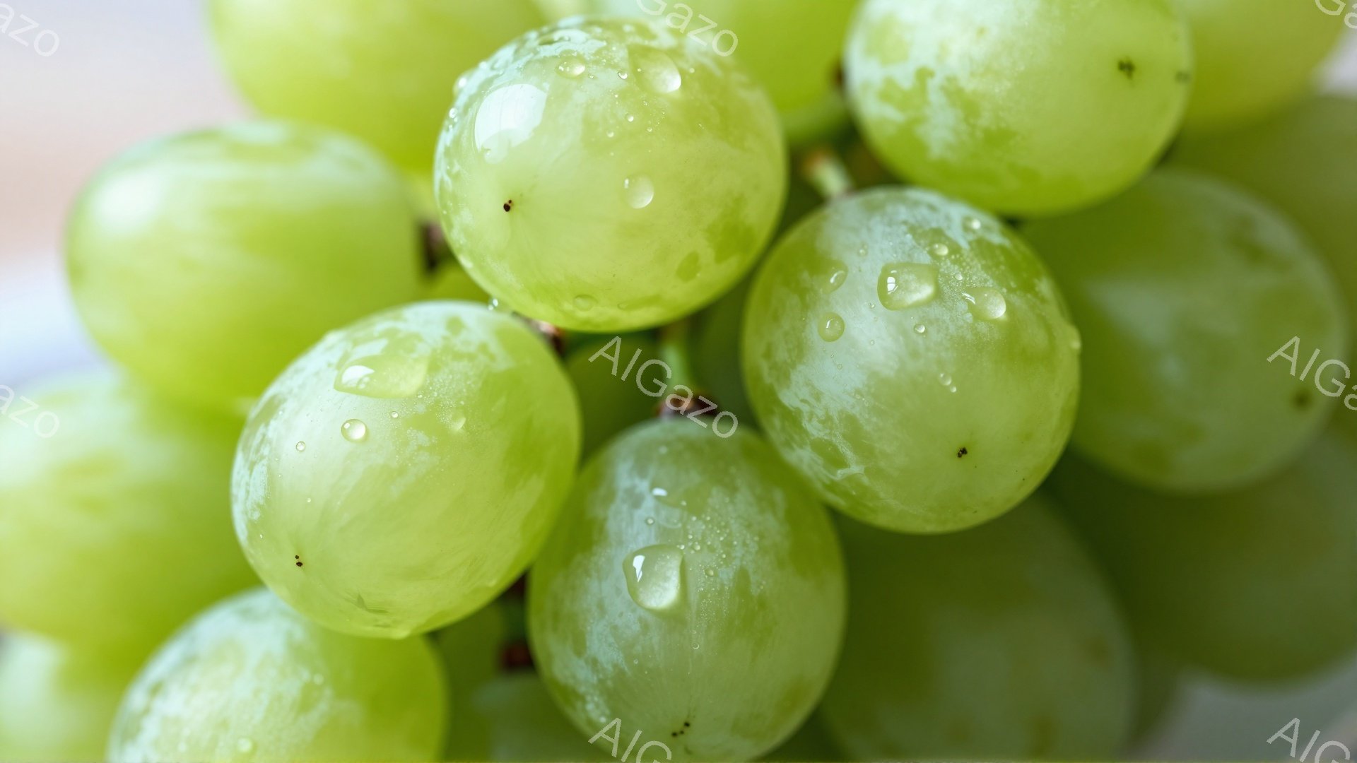 鮮やかな緑色のぶどうが密集して写っており、表面には水滴が光っている。果実は丸みを帯びており、みずみずしさを感じさせる。背景はぼかされており、ぶどうの色が際立っている。 - AI生成フリー素材