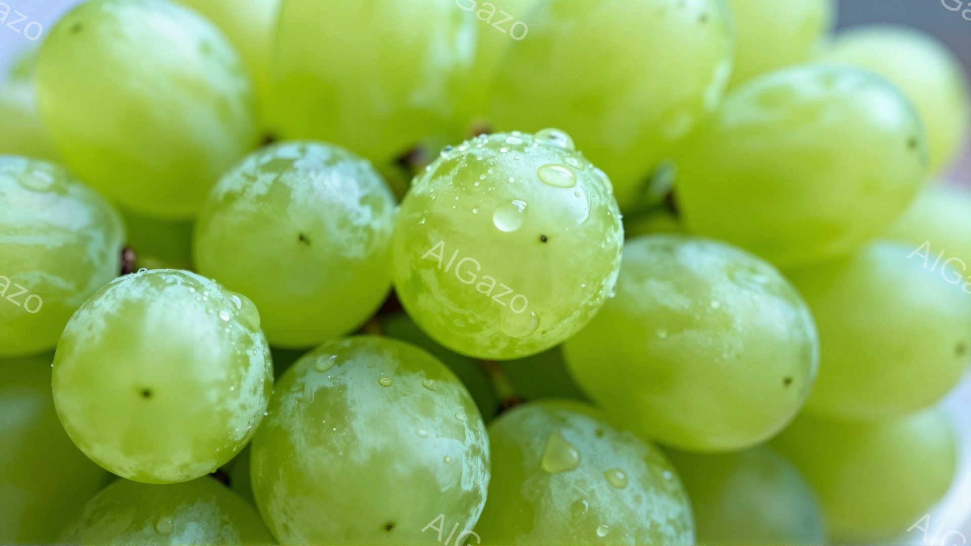 鮮やかな緑色のぶどうが密集して写っています。それぞれの粒には水滴が光り、まるで露に濡れたように見えます。背景はぼやけており、ぶどうの瑞々しさが際立っています。 - AI生成フリー素材
