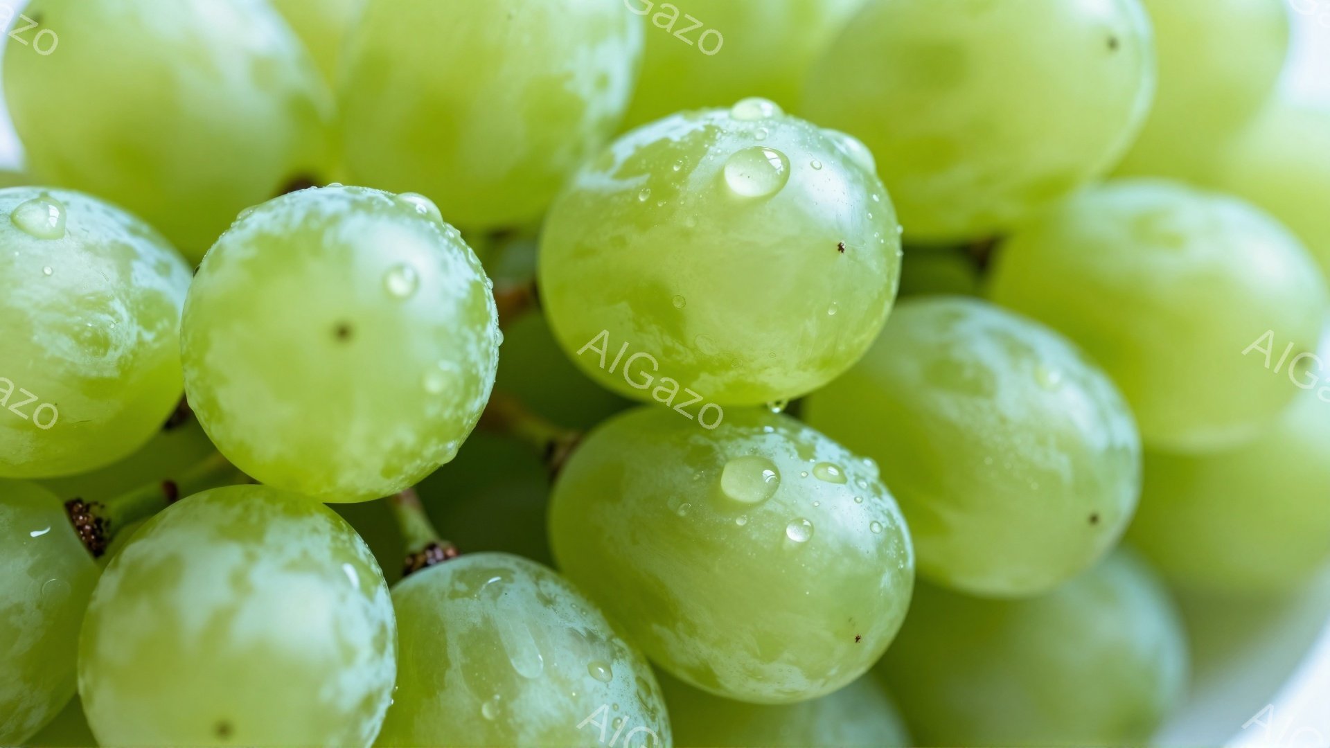 鮮やかな緑色のブドウがぎっしりと詰まっており、表面には水滴が光っています。ブドウは丸く、みずみずしい質感で、まるで摘みたてのように見えます。背景は白く、ブドウの鮮やかさを際立たせています。 - AI生成フリー素材