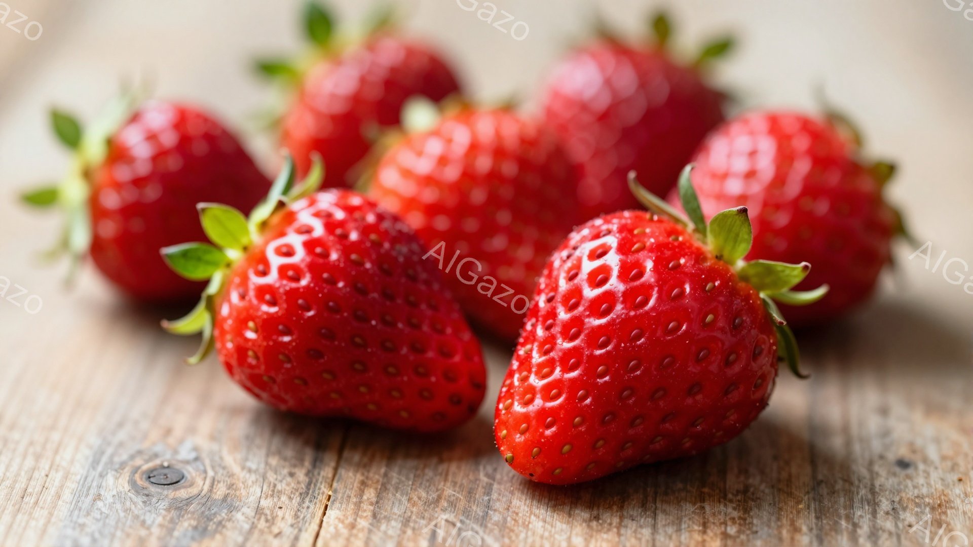鮮やかな赤いイチゴが、木製のテーブルの上に並べられています。葉っぱは緑色で瑞々しく、イチゴの表面には小さな種がびっしりと詰まっています。背景の木目は自然で温かみがあり、イチゴの鮮やかさを引き立てています。