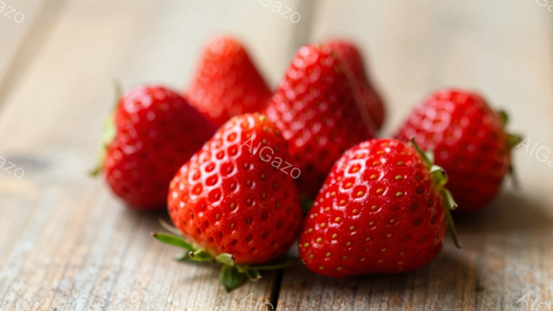 鮮やかな赤色のいちごが５つ、木製のテーブルの上に並んでいます。いちごはそれぞれ緑色の葉っぱが付いており、表面には小さな種が密集しています。背景の木目は暖かく、いちごの赤色を引き立てています。 - AI生成フリー素材
