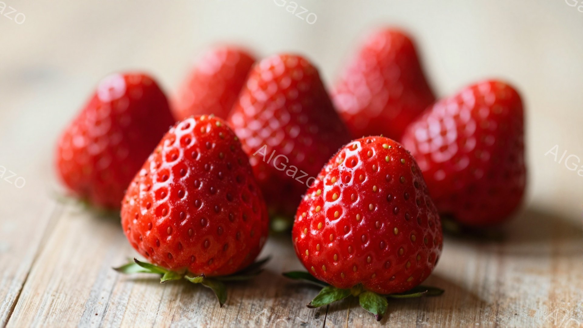 鮮やかな赤いイチゴが、木製の板の上に並べられています。イチゴはそれぞれ緑色の葉っぱの帽子をかぶっており、表面には細かい種が散りばめられています。背景はぼやけており、イチゴが際立って見えます。 - AI生成フリー素材