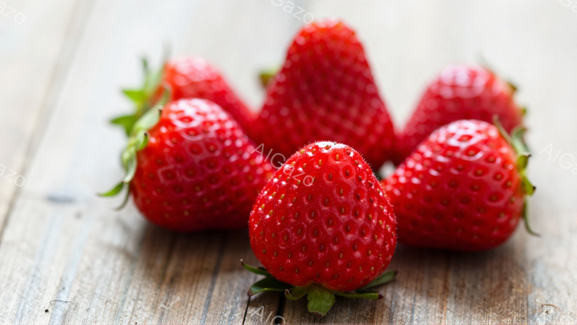 鮮やかな赤いイチゴが、木製のテーブルの上に並んでいます。イチゴはそれぞれ緑色の葉っぱが付いており、瑞々しく、新鮮な印象を与えます。背景はぼやけており、イチゴが主役として際立っています。 - AI生成フリー素材