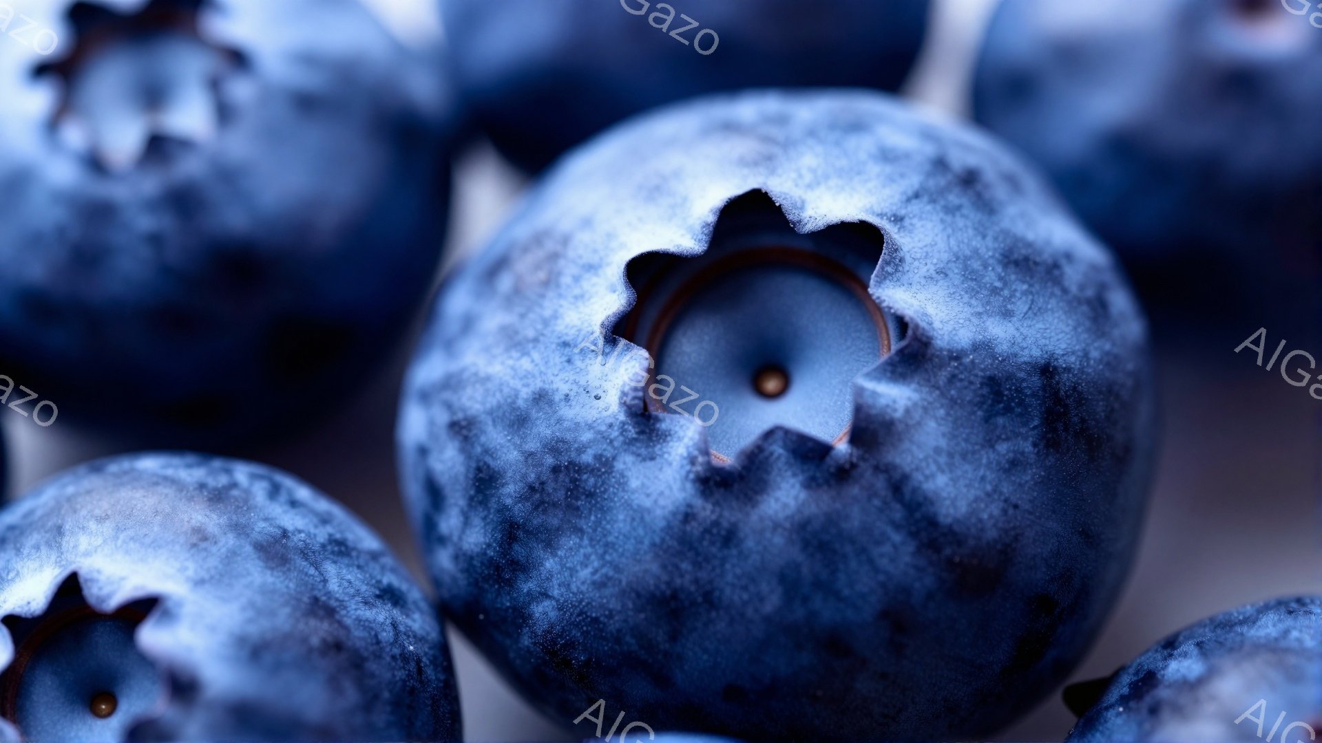 この画像は、熟したブルーベリーのクローズアップ写真です。表面には白い粉状のものが付いており、光沢があり、みずみずしい様子が伝わってきます。背景はぼやけており、焦点はブルーベリーの濃い青色と独特の形状に - AI生成フリー素材