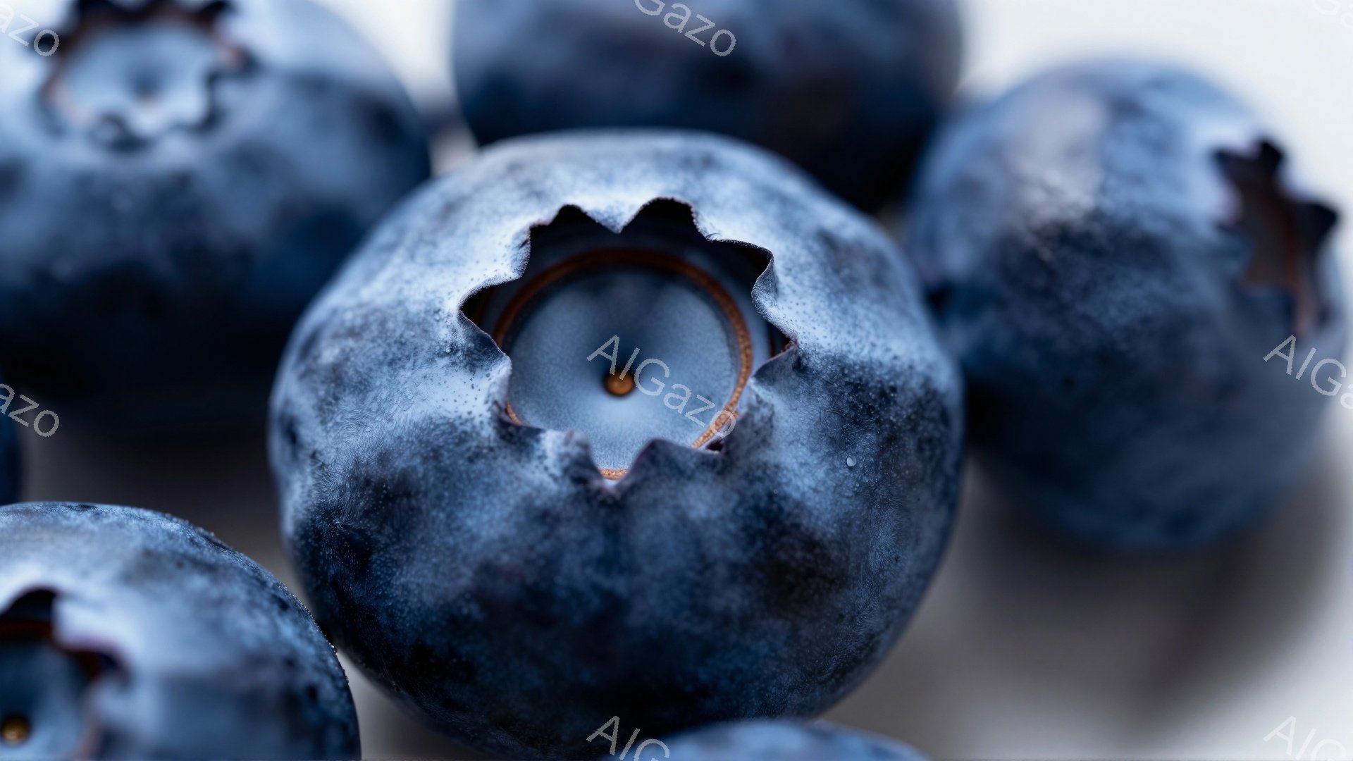 鮮やかな青色のブルーベリーが複数、クローズアップで捉えられています。光沢があり、表面には細かい凹凸が見られ、一部のベリーはてっぺんに星のような形状の窪みがあります。背景はぼやけており、全体的に新鮮で自 - AI生成フリー素材