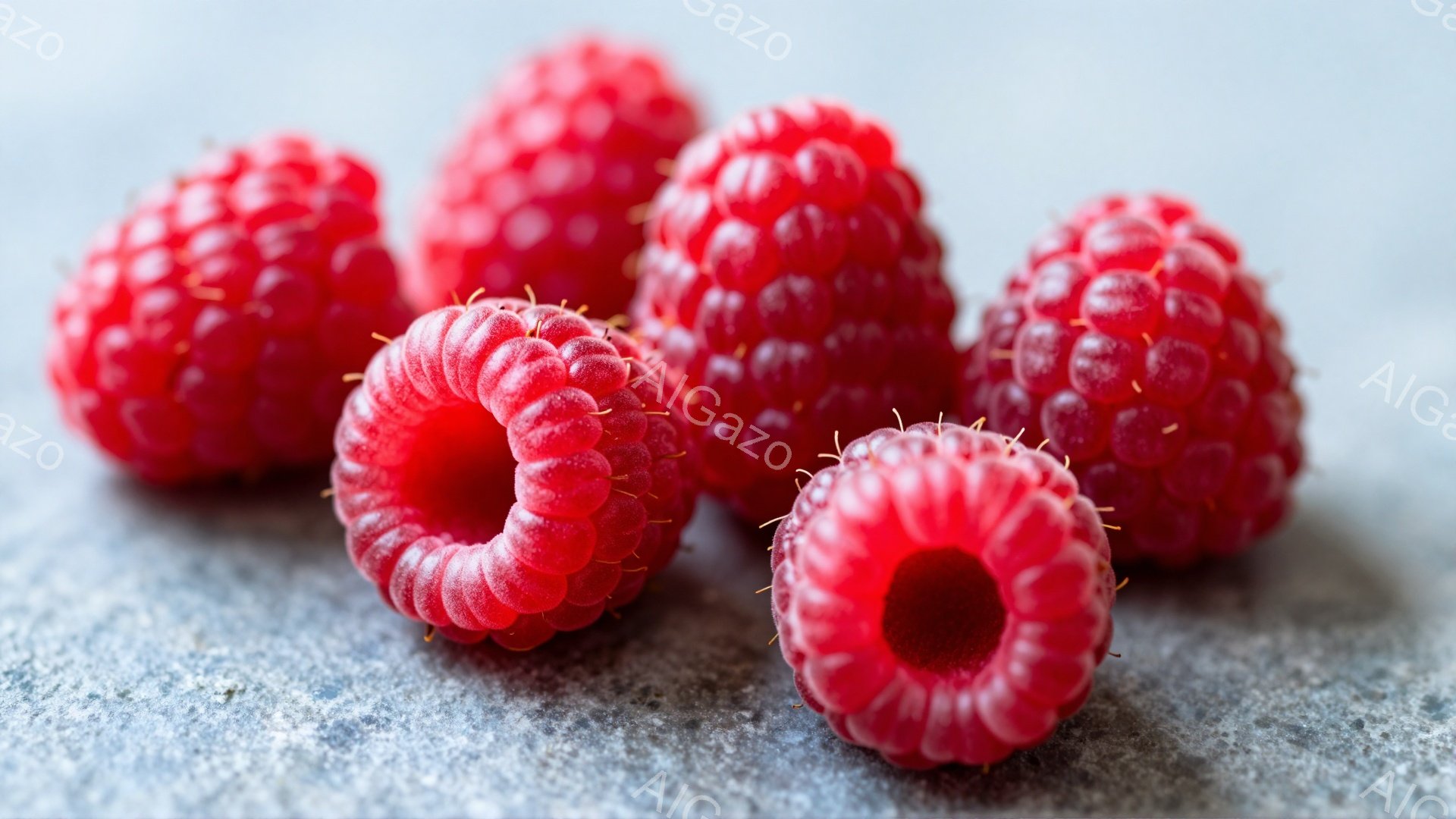 鮮やかな赤色のラズベリーが５つ、ざらついたグレーの背景の上に置かれています。それぞれのラズベリーは丸みを帯びており、表面には細かい突起が見られます。全体的に明るく自然な雰囲気で、美味しさを感じさせる静物画のようです。