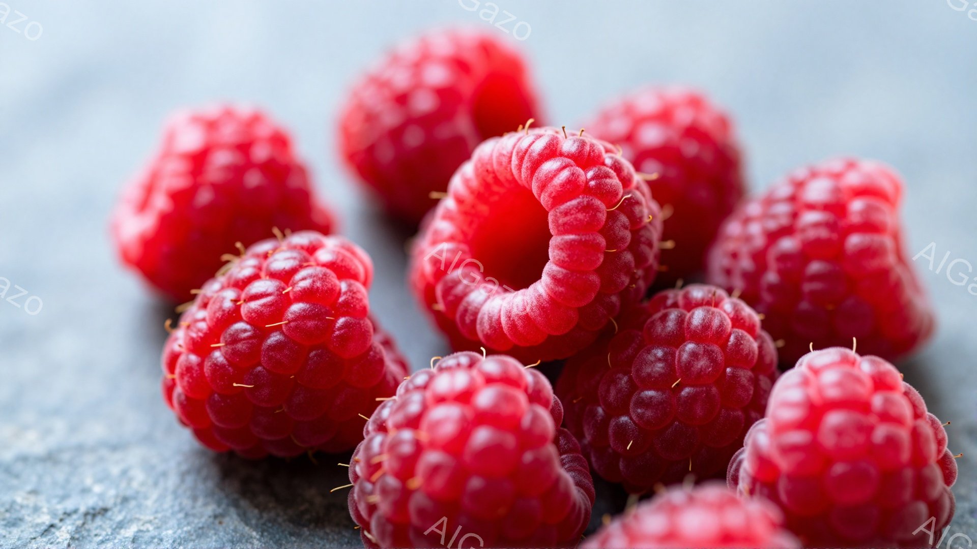鮮やかな赤色のラズベリーが、粗い灰色の表面の上に散りばめられています。それぞれのラズベリーは、丸みを帯びた形をしており、小さな粒が集まってできています。全体的に、瑞々しく、新鮮な果物の魅力が伝わってき - AI生成フリー素材