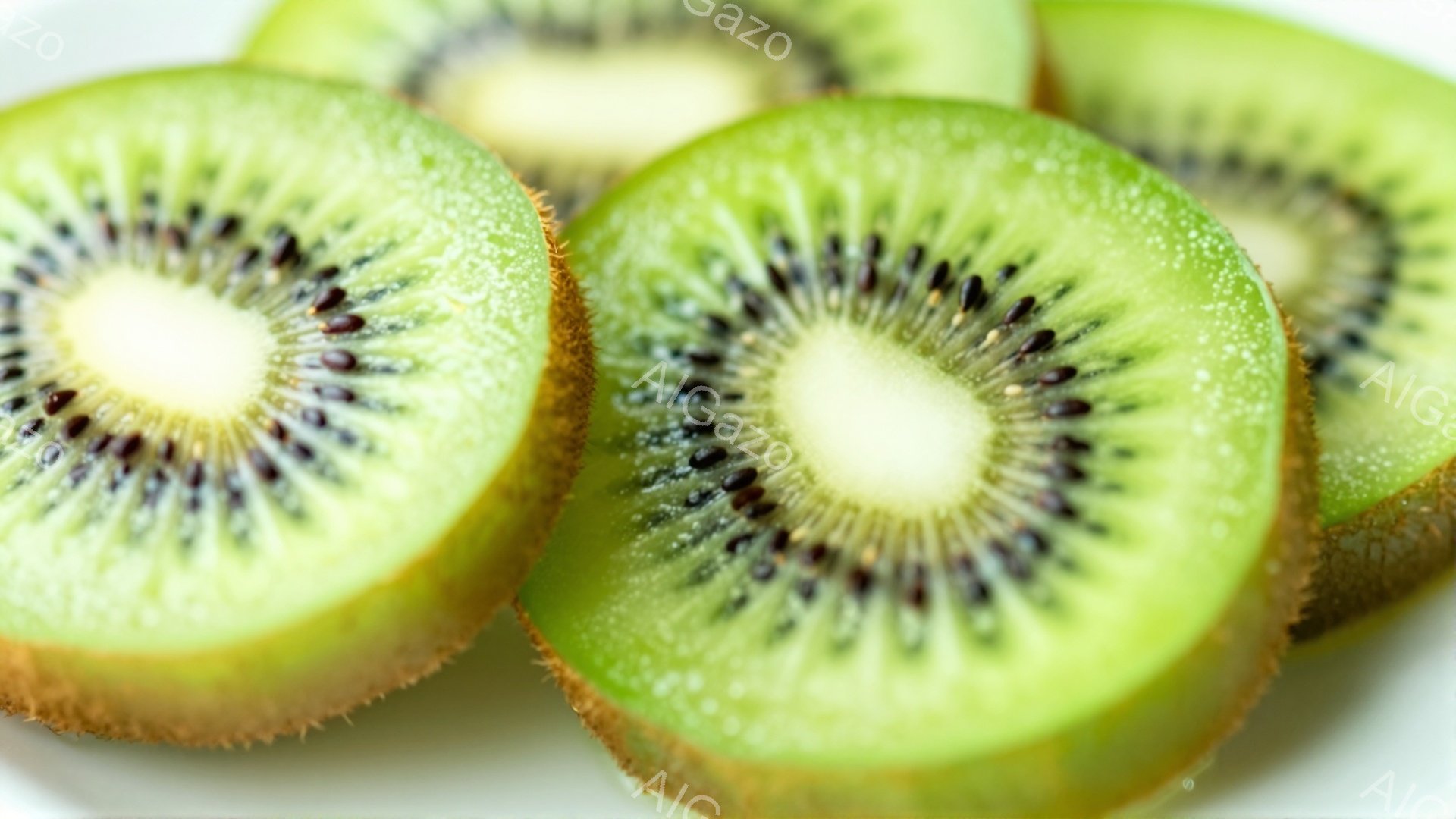 画像には、数切れのキウイフルーツが白い皿の上に並べられています。 キウイフルーツは緑色で、中心には小さな黒い種が密集しており、果肉は明るい色をしています。 全体的に、新鮮で健康的な印象を与える画像です。