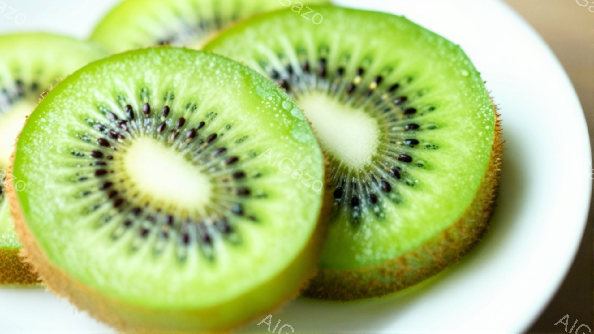 スライスされたキウイフルーツが白い皿の上に並べられています。果肉は鮮やかな緑色で、黒い種が星のように散りばめられており、瑞々しく食欲をそそります。背景は白く、キウイフルーツが際立って見えます。 - AI生成フリー素材