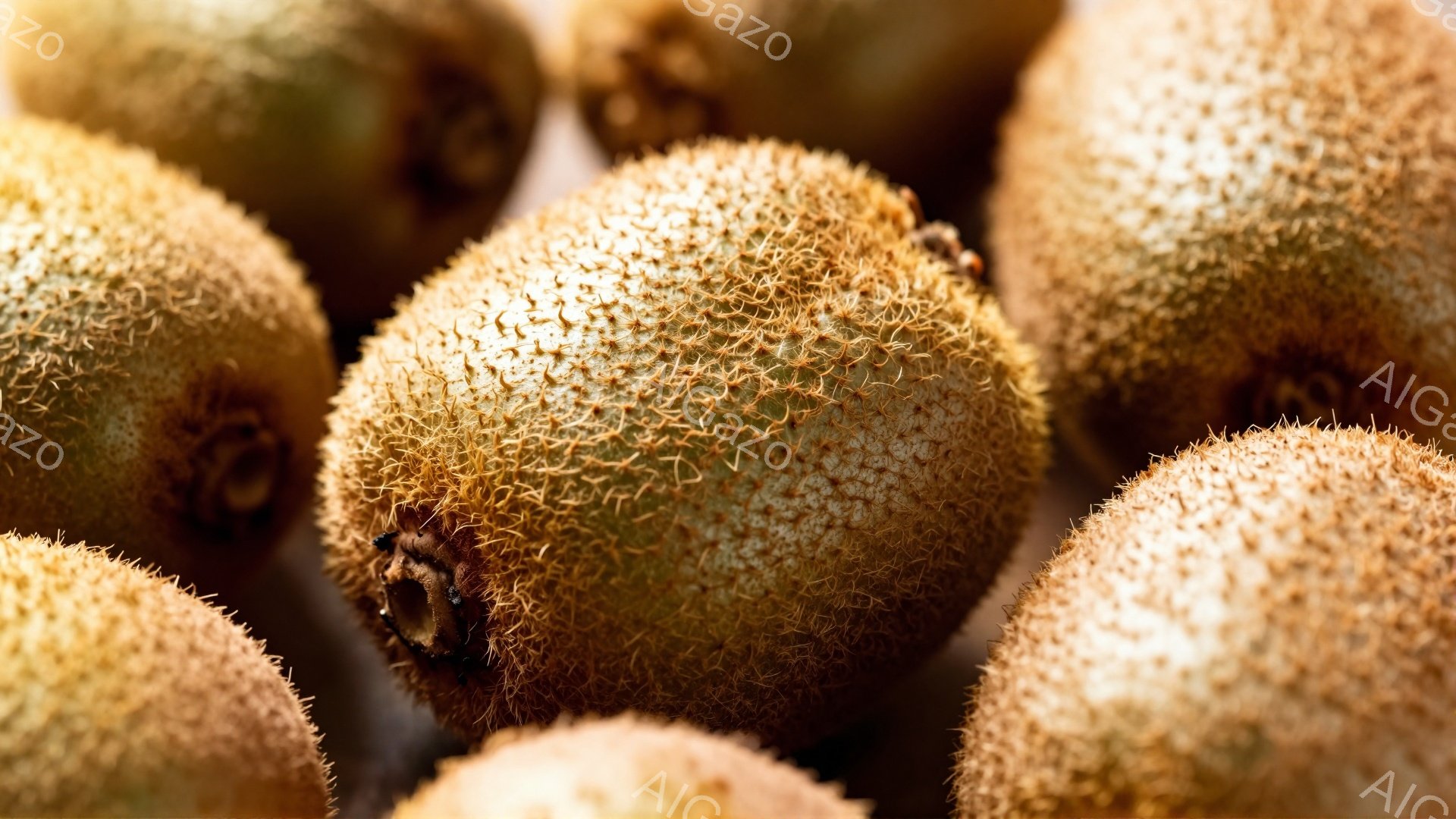 表面に毛のようなものが生えた茶色いキウイフルーツが密集して写っています。焦点は手前のキウイに合っており、わずかに黒い斑点が見えます。背景はぼやけており、全体的に暖かく、自然な雰囲気です。
